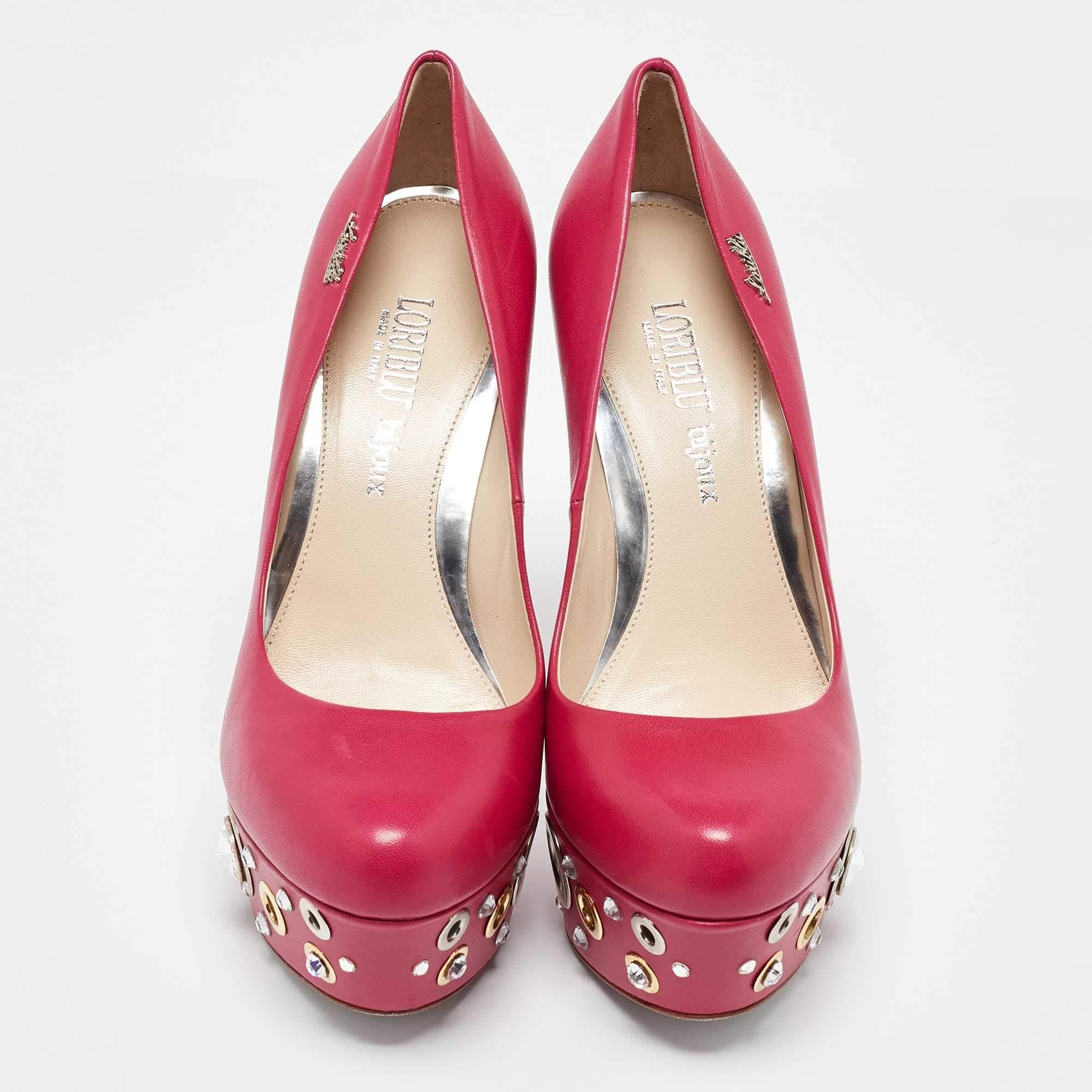 Loriblu Pink Leather Crystal Embellished Platform Pumps Size 37 In Excellent Condition For Sale In Dubai, Al Qouz 2