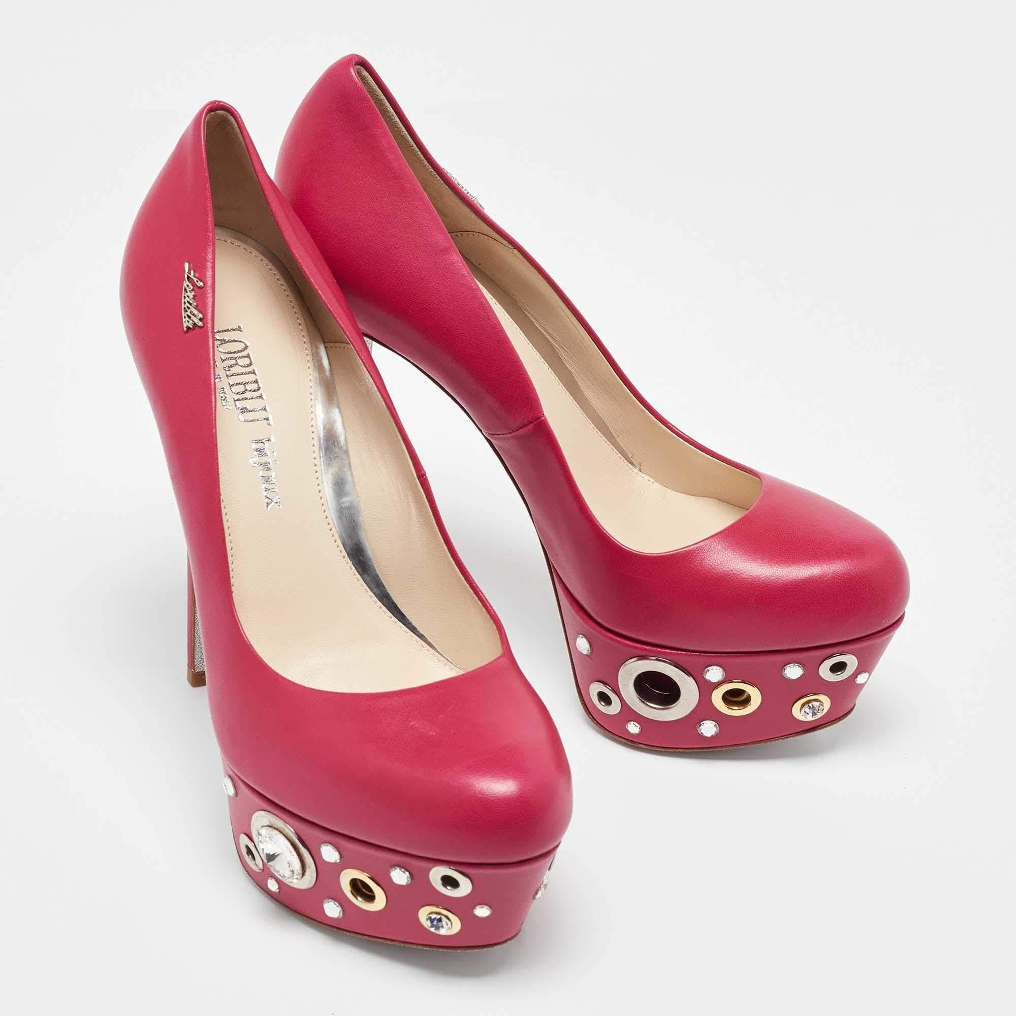 Women's Loriblu Pink Leather Crystal Embellished Platform Pumps Size 37 For Sale