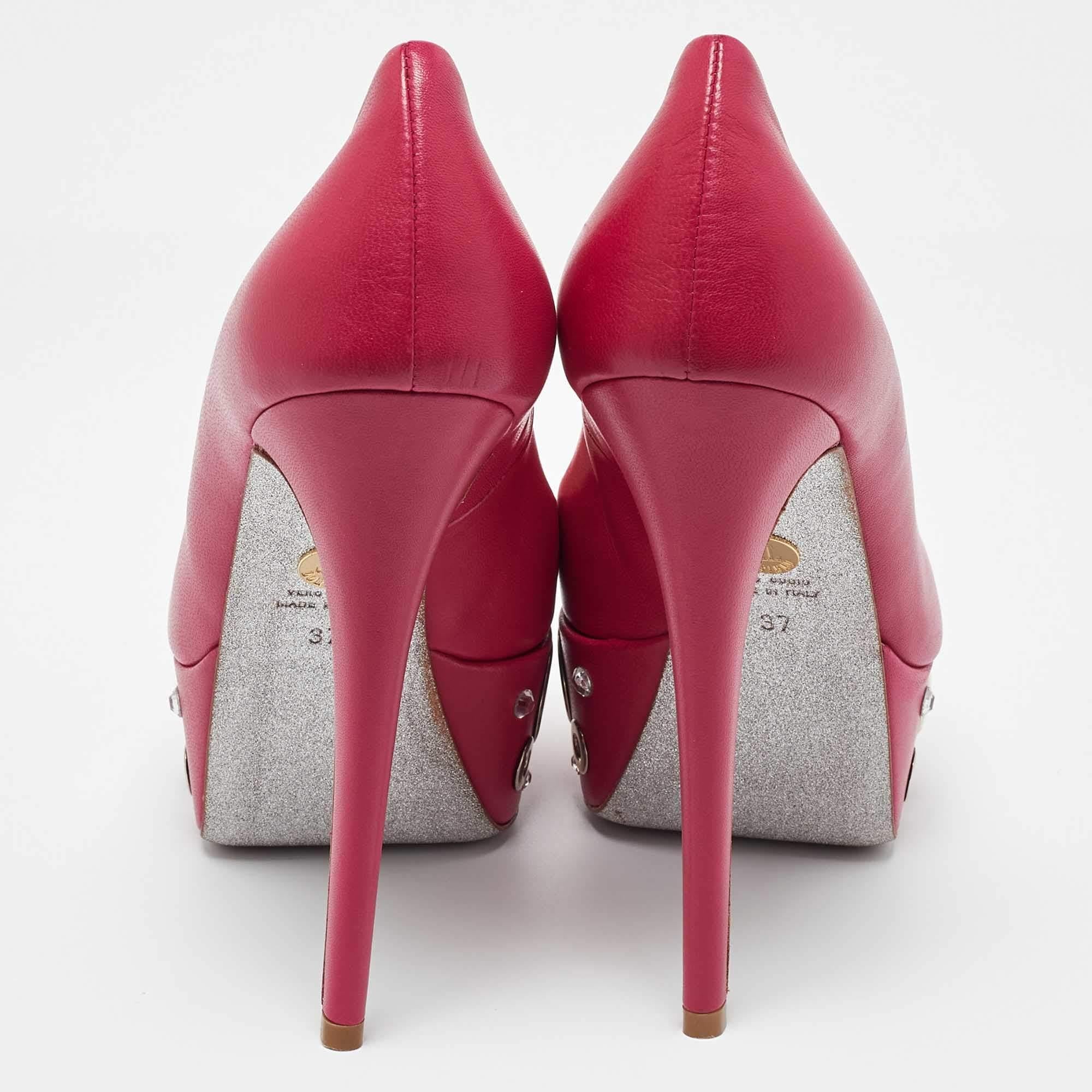 Loriblu Pink Leather Crystal Embellished Platform Pumps Size 37 For Sale 1