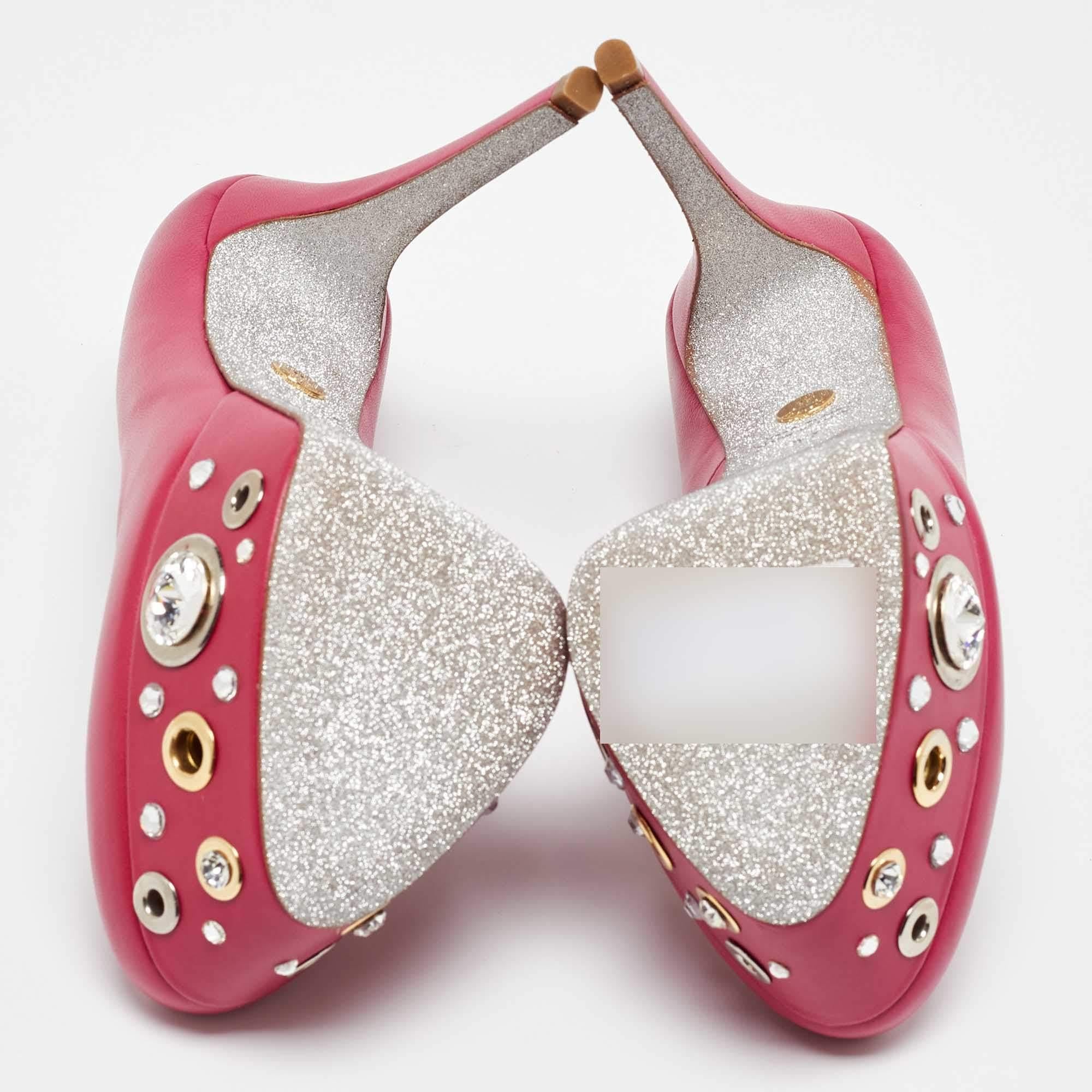 Loriblu Pink Leather Crystal Embellished Platform Pumps Size 37 For Sale 2