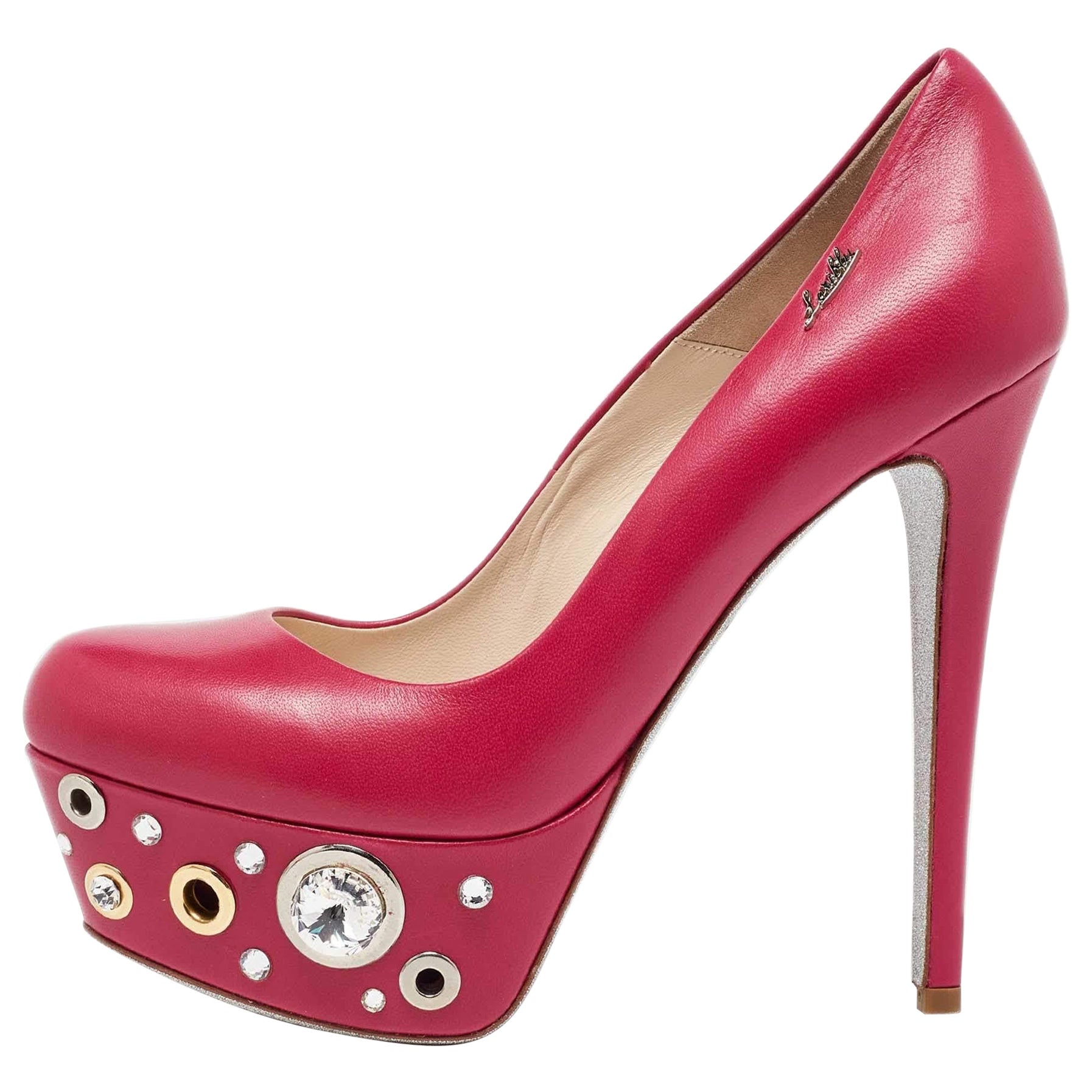 Loriblu Pink Leather Crystal Embellished Platform Pumps Size 37 For Sale