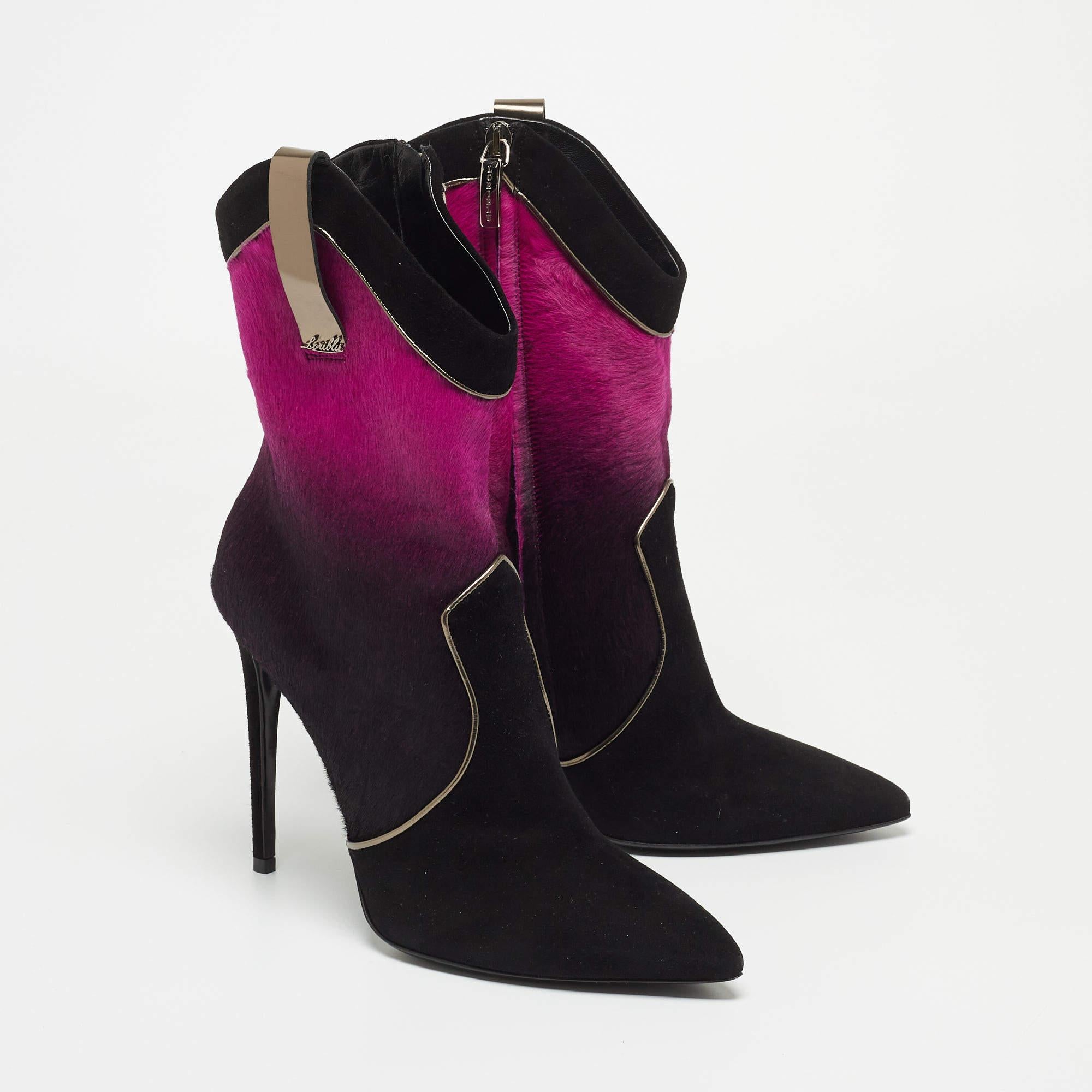 Loriblu Purple/Black Ombre Calf Hair and Suede Pointed Toe Ankle Boots Size 41 2