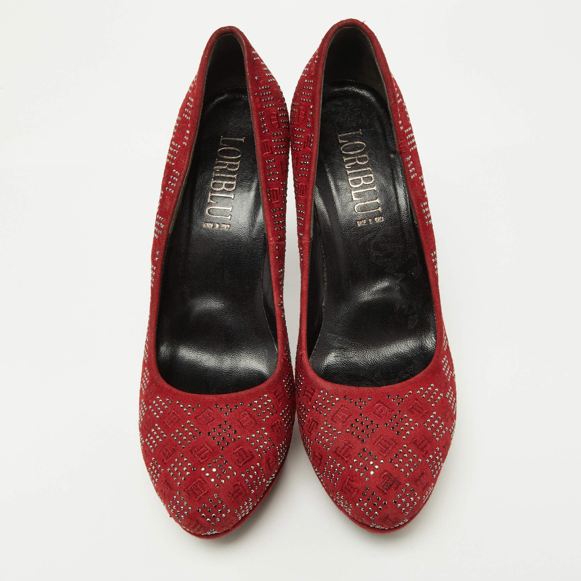 Loriblu Red Suede Crystal Embellished Platform Pumps Size 38 In Good Condition For Sale In Dubai, Al Qouz 2