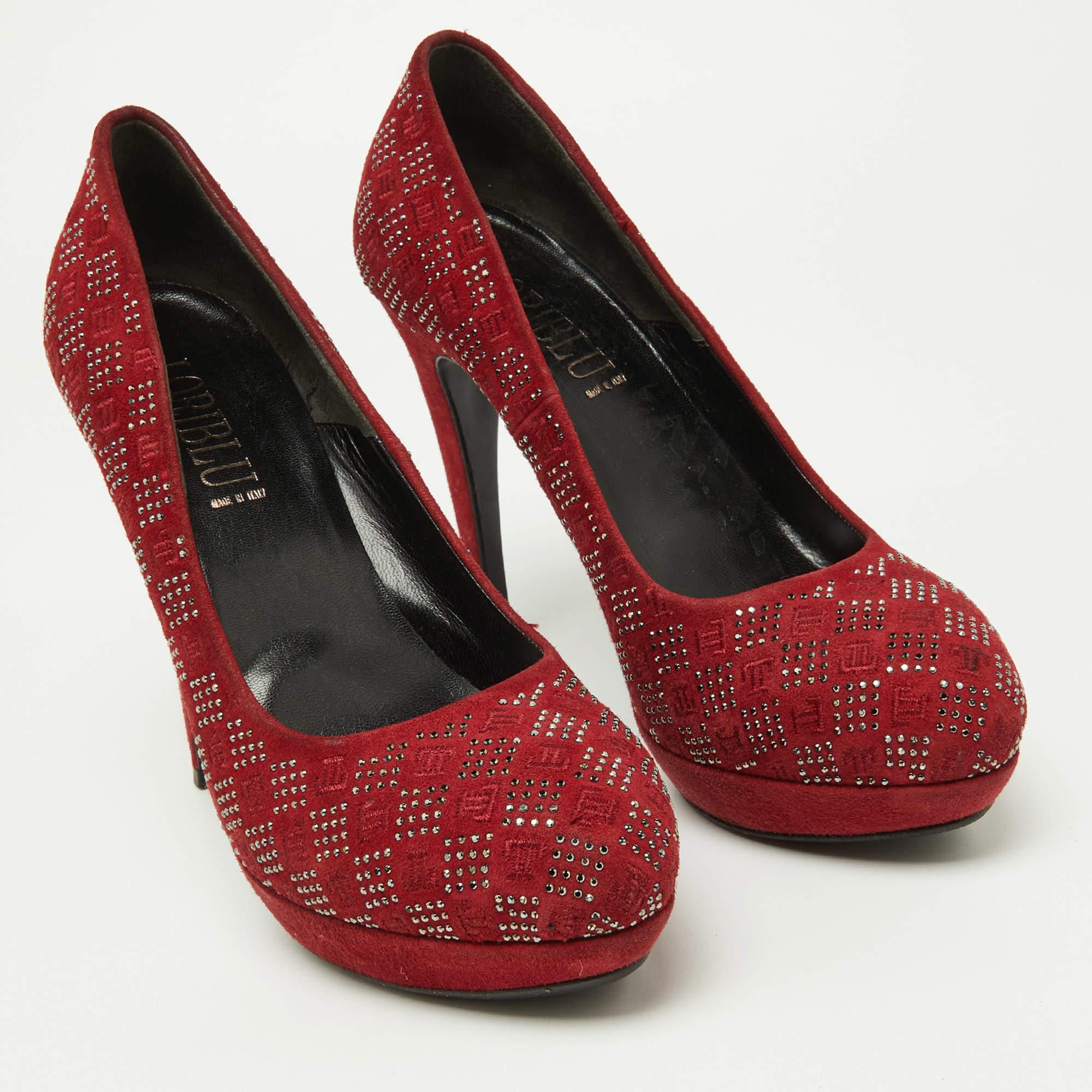 Women's Loriblu Red Suede Crystal Embellished Platform Pumps Size 38 For Sale