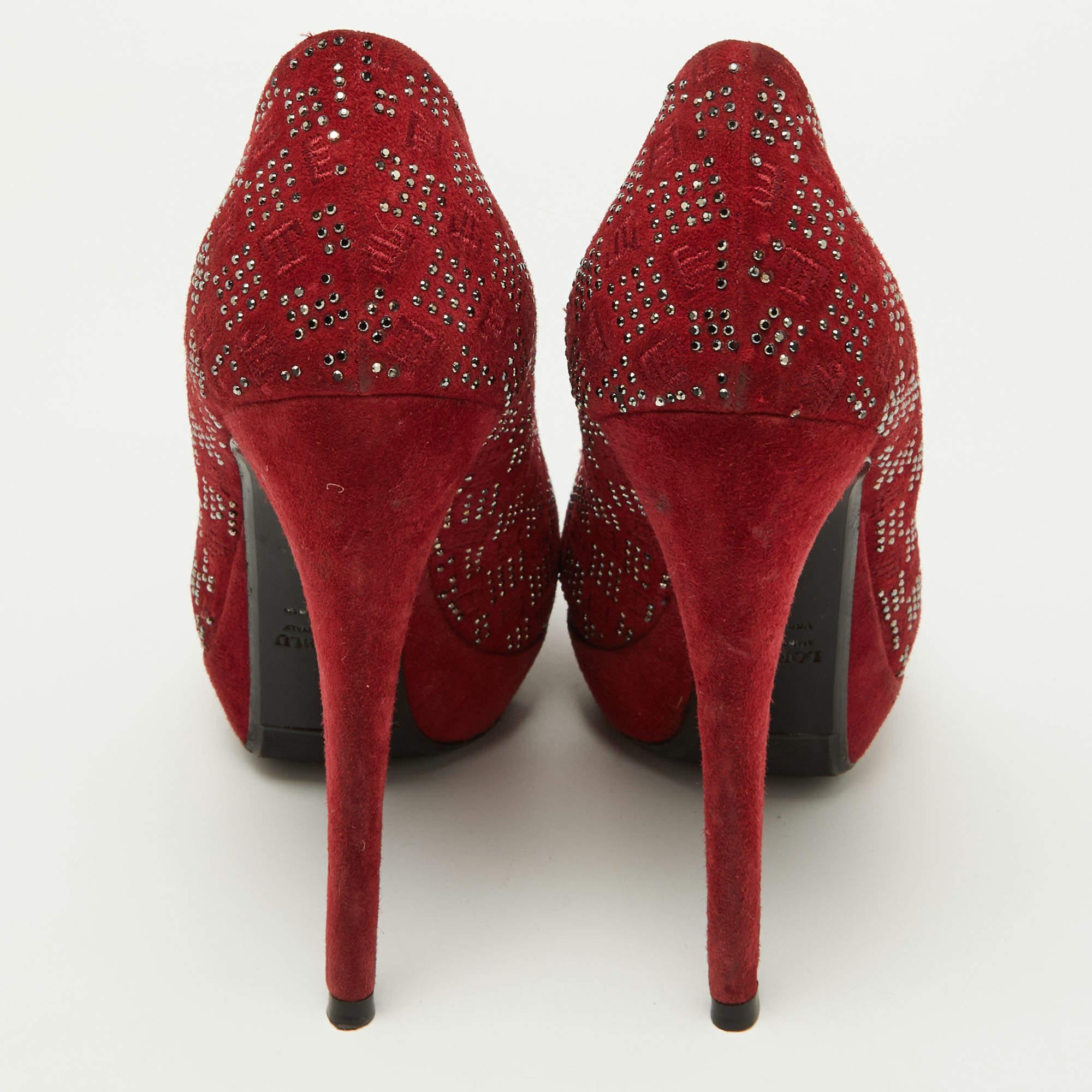 Loriblu Red Suede Crystal Embellished Platform Pumps Size 38 For Sale 1