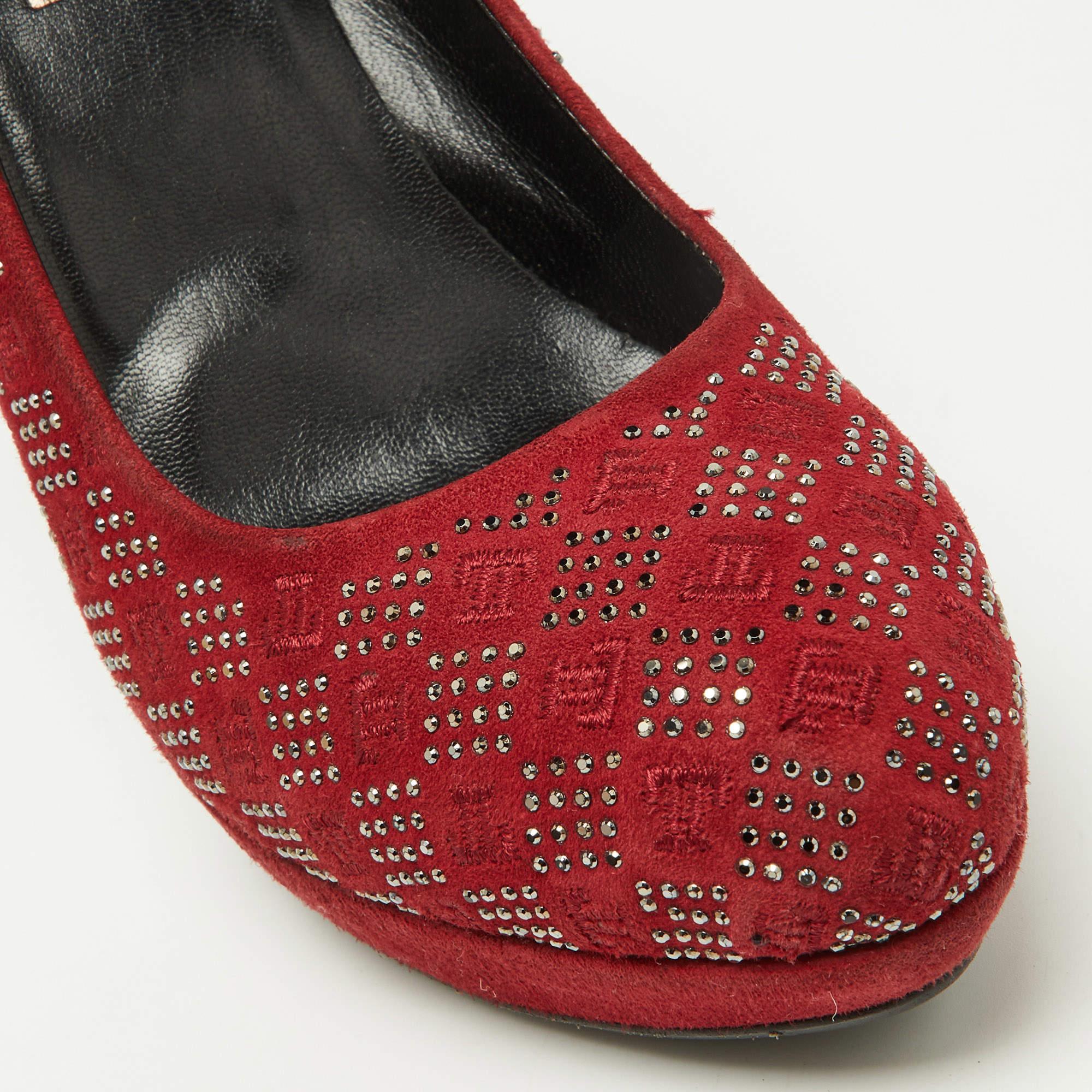 Loriblu Red Suede Crystal Embellished Platform Pumps Size 38 For Sale 4