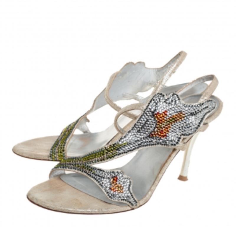 Loriblu Silver Fabric Crystal Embellished Sandals Size 36 For Sale 1