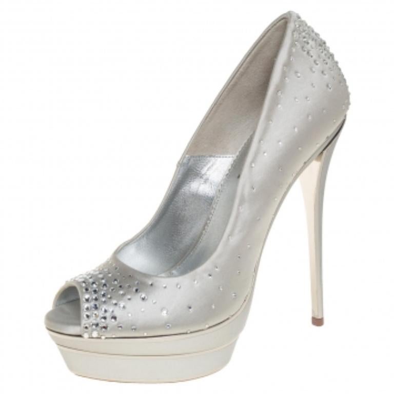 Women's Loriblu Silver Satin Crystal Embellished Peep Toe Platform Pumps Size 38 For Sale