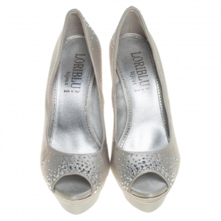 Loriblu Silver Satin Crystal Embellished Peep Toe Platform Pumps Size 38 For Sale 2