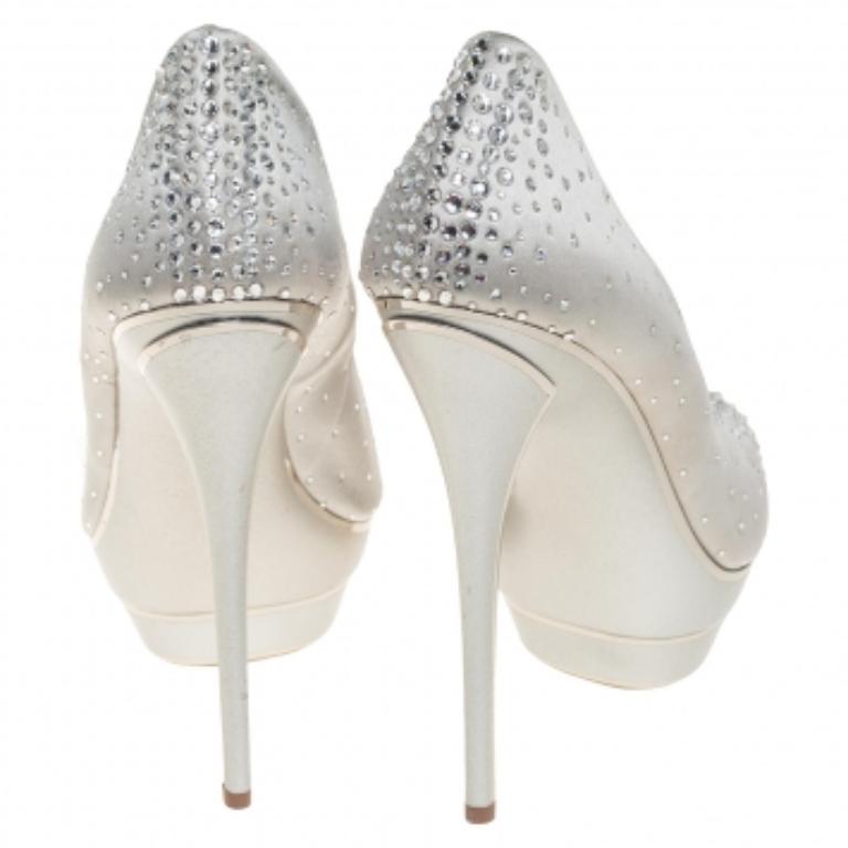 Loriblu Silver Satin Crystal Embellished Peep Toe Platform Pumps Size 38 For Sale 3