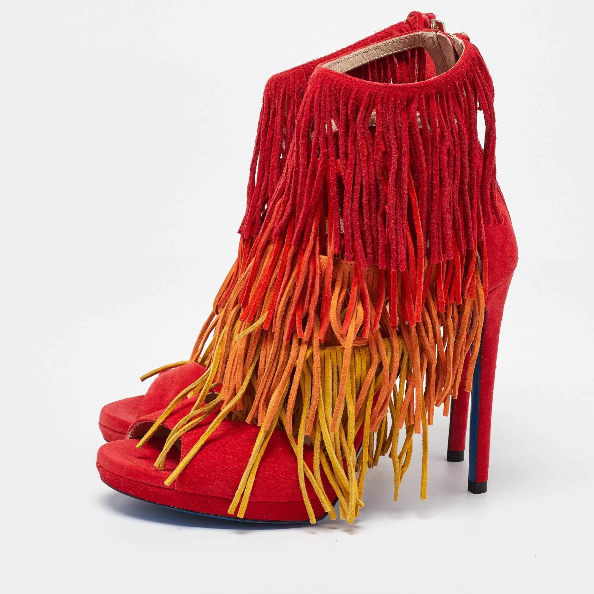 Youre all set to fall in love with these towering sandals from Loriblu. The fabulous shoes are crafted from suede and feature a vibrant fringe detailing on the upper. Flaunting back zipper closure the pair also comes equipped with leather lined