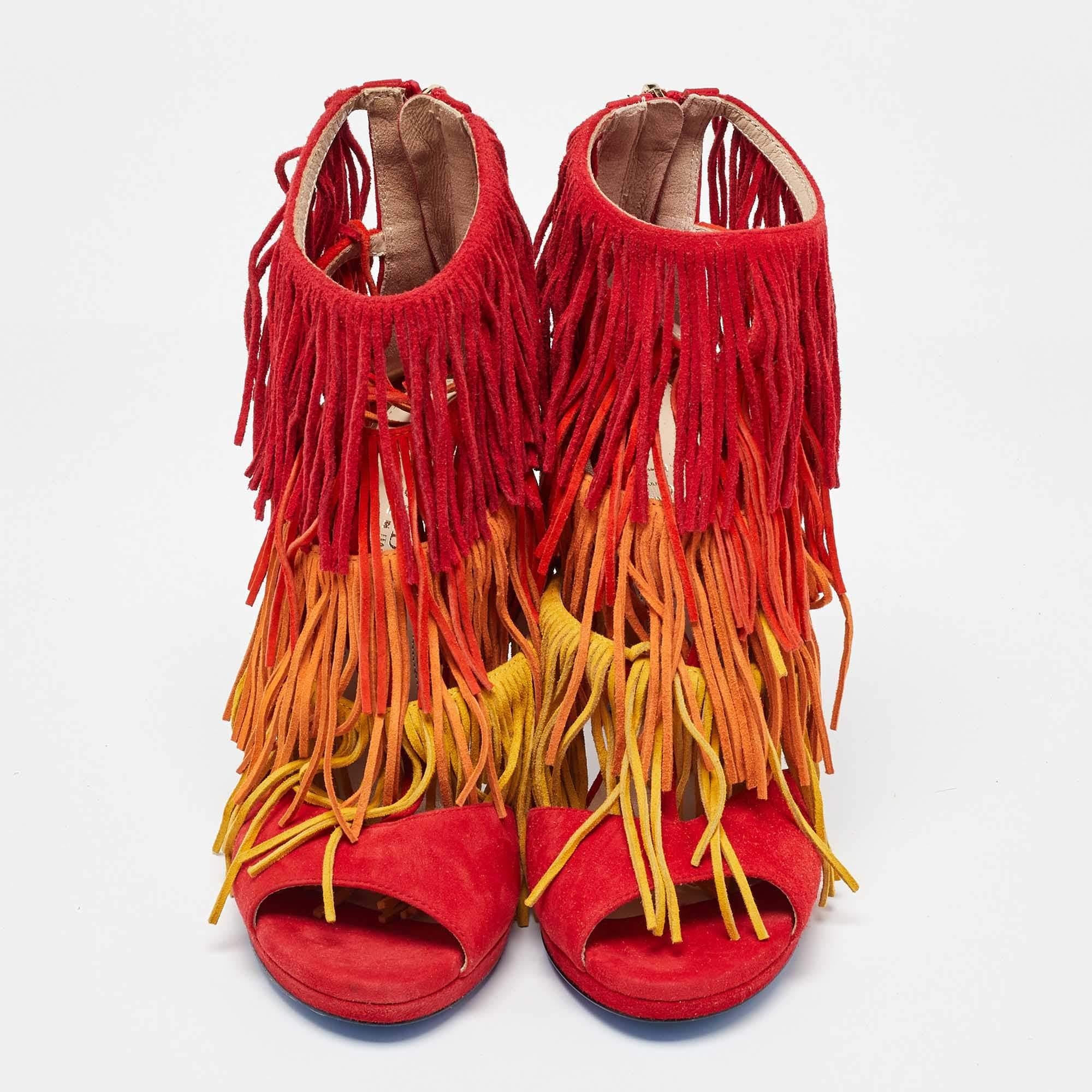 Red Loriblu Tri Color Suede Fringe Detailed Ankle Strap Sandals  Size 36.5 For Sale