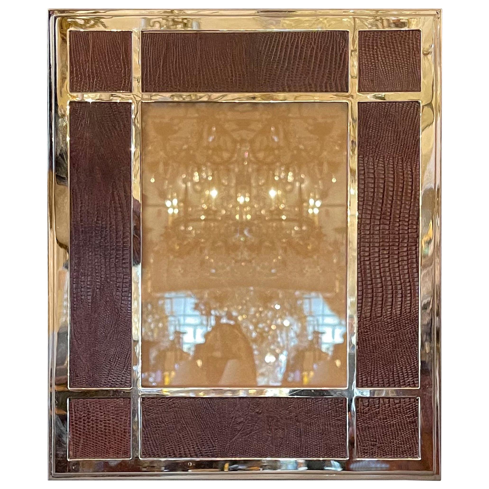 Lorin Marsh Bullnose Brown Leather Embossed Lizard Polished Nickel Picture Frame