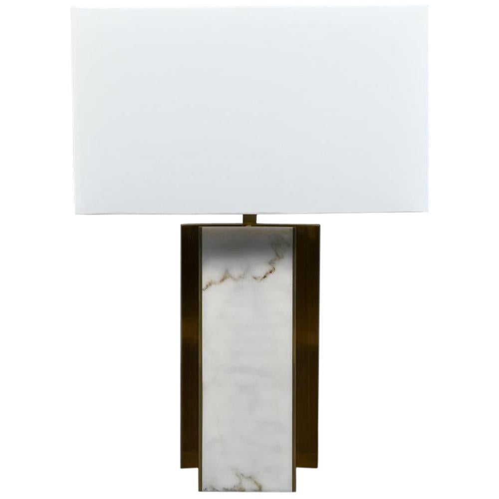 Lorin Marsh Design Table Lamp Patinated Brass and Faux Alabaster Linen Shade For Sale
