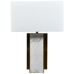 Lorin Marsh Design Table Lamp Patinated Brass and Faux Alabaster Linen Shade