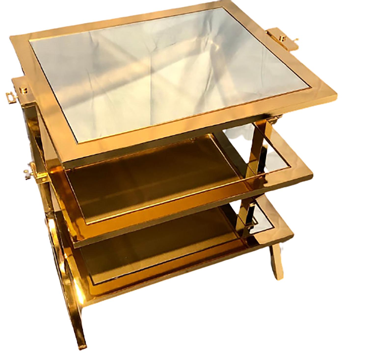 Mid-Century Modern Lorin Marsh Design Three-Tiered Brass and Mirrored Glass Side Table