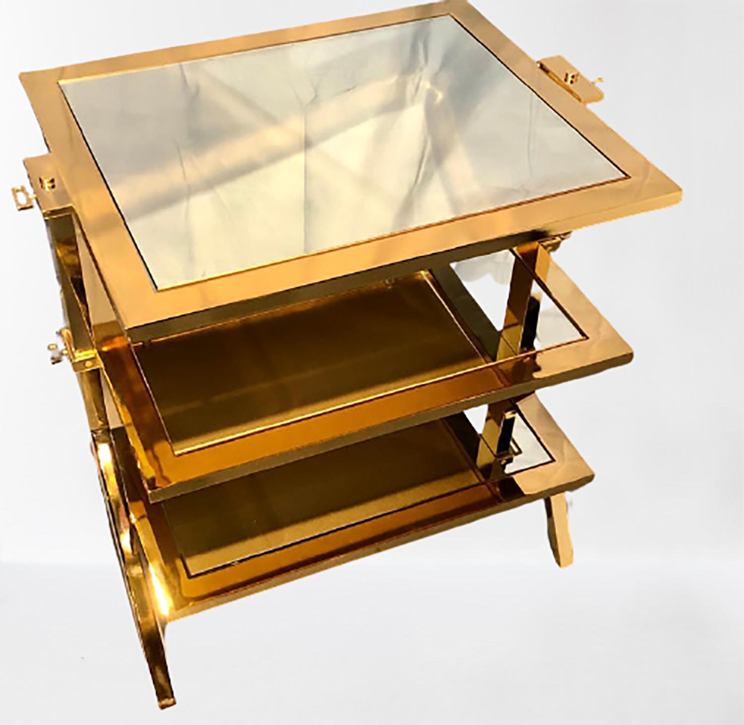 Lorin Marsh Design Three-Tiered Brass and Mirrored Glass Side Table In Good Condition In Stamford, CT