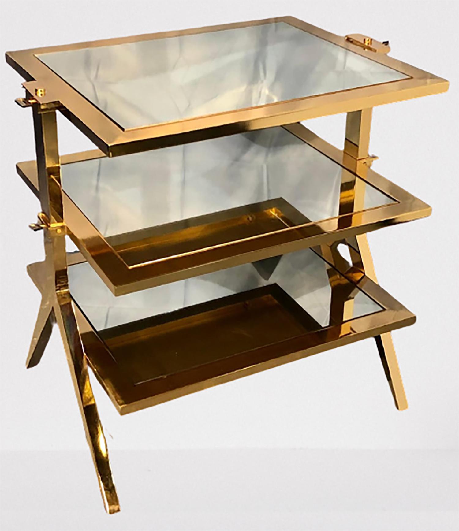 Contemporary Lorin Marsh Design Three-Tiered Brass and Mirrored Glass Side Table