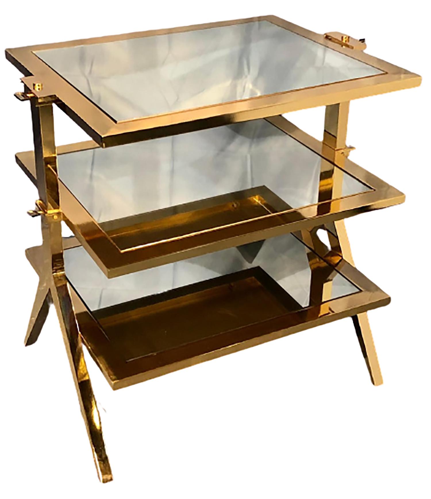 Lorin Marsh Design Three-Tiered Brass and Mirrored Glass Side Table 1