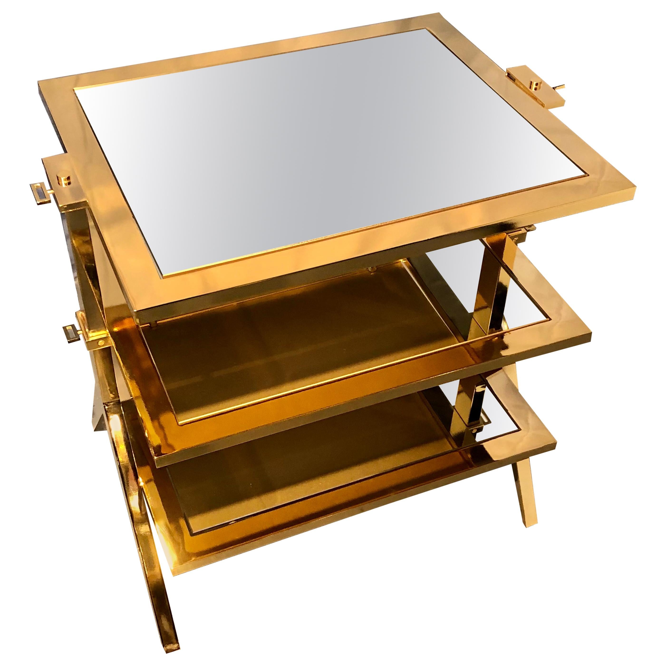 Lorin Marsh Design Three-Tiered Brass and Mirrored Glass Side Table