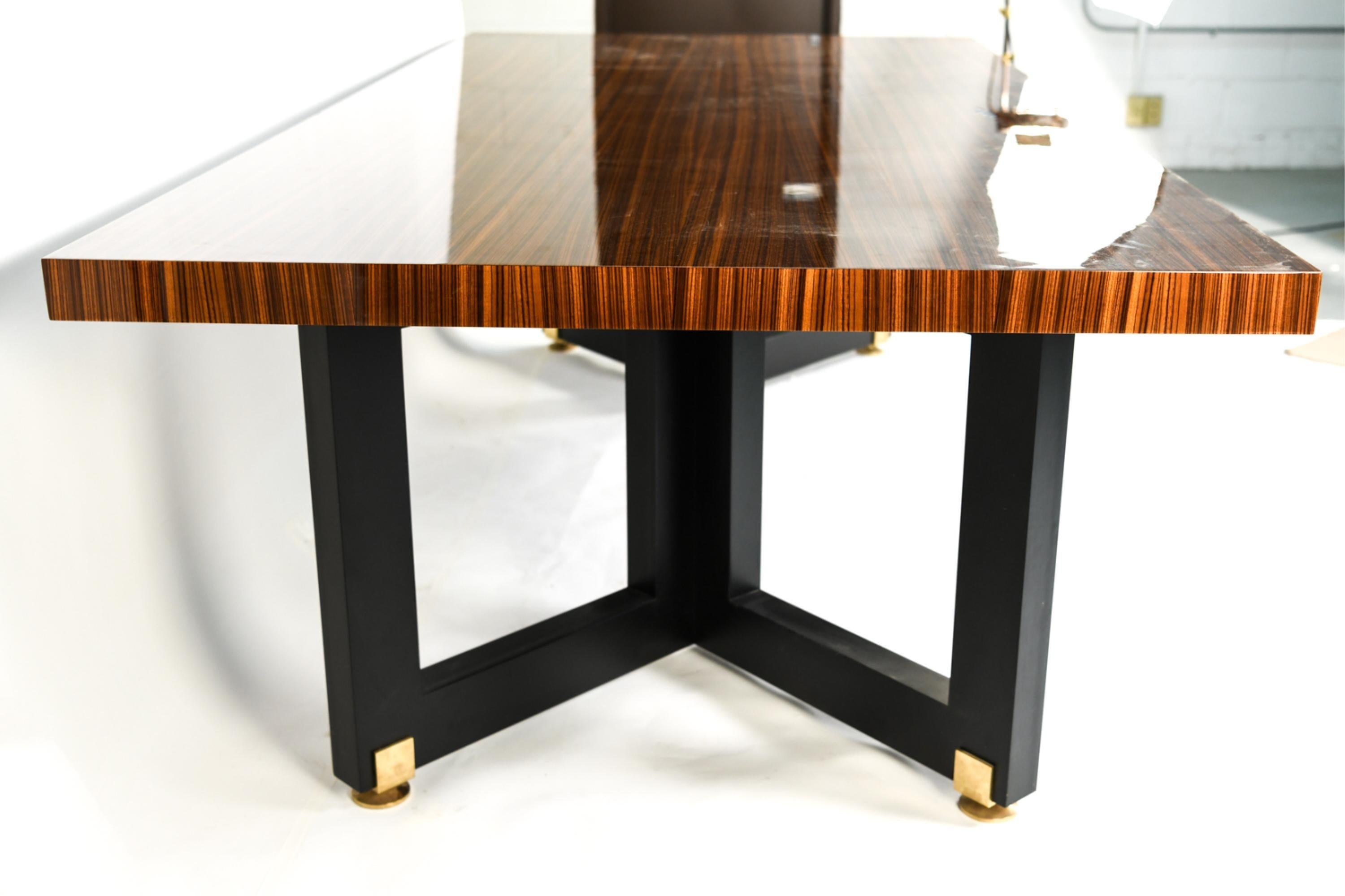 Lorin Marsh design smorgasbord dining table. New York, 2000s. Unsigned. Lacquered zebra-wood with enameled wood and brass. This absolutely stunning dining or conference table is spectacular and will certainty add grace and style to any room in the