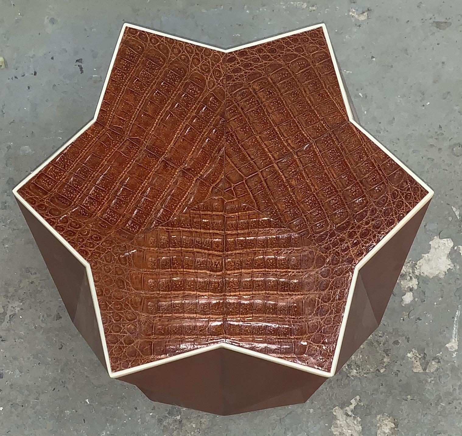 A wonderful Mid-Century Modern Lorin Marsh embossed leather alligator faux goatskin and bone inlay geometric star side table.