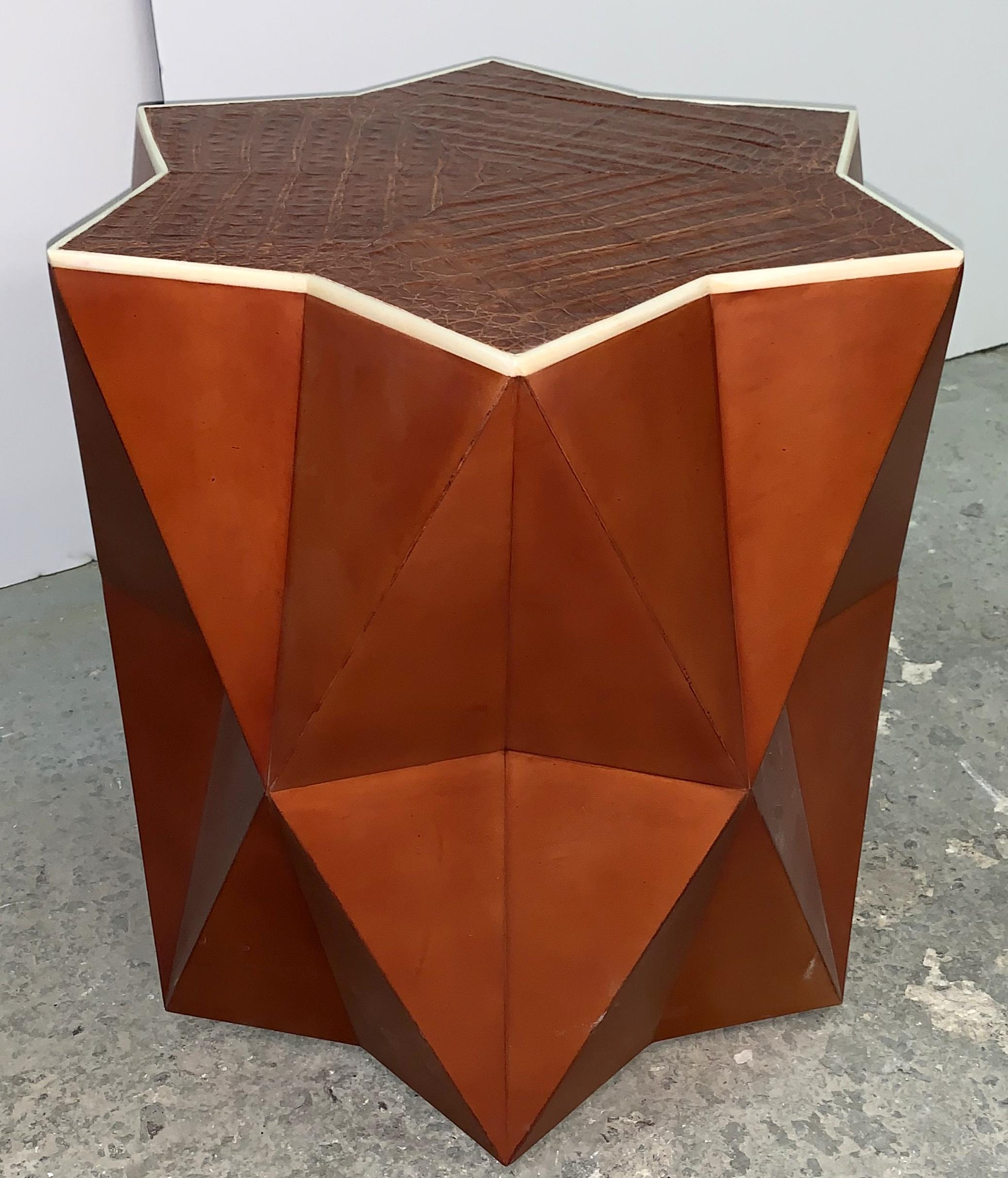 20th Century Lorin Marsh Embossed Leather Faux Goat Skin Bone Inlay Geometric Star Side Table For Sale