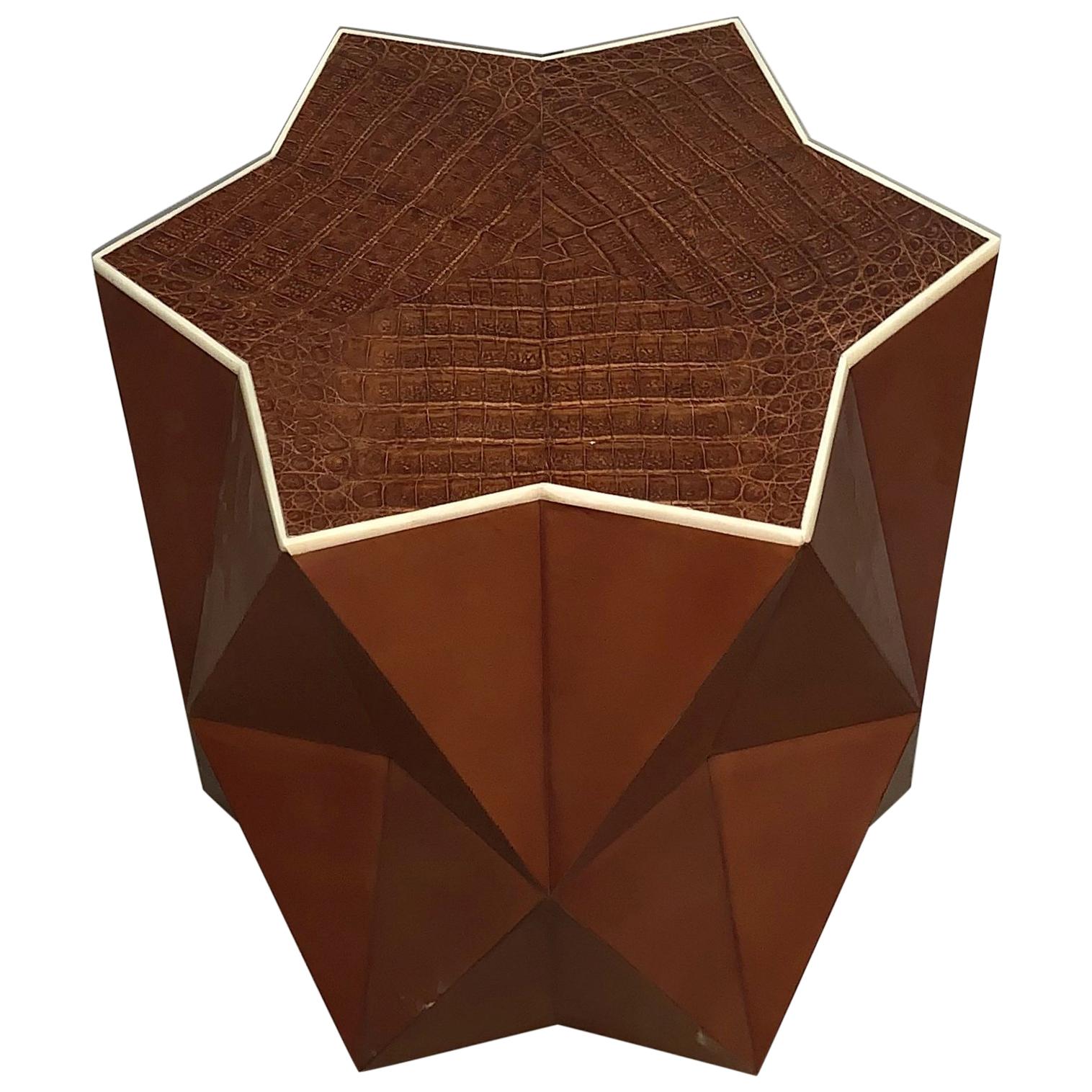 Lorin Marsh Embossed Leather Faux Goat Skin Bone Inlay Geometric Star Side Table For Sale