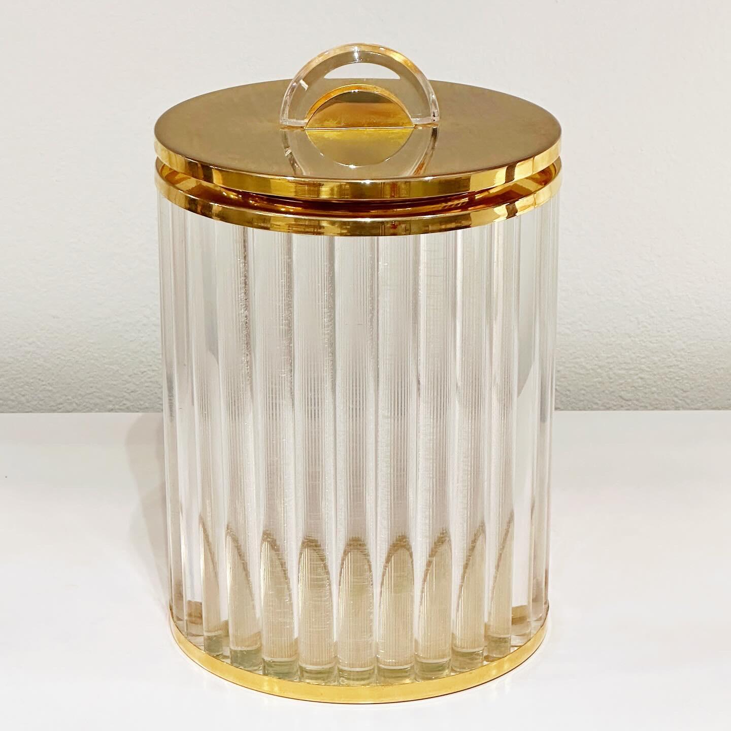 Art Deco Lorin Marsh Fluted Lucite Ice Bucket with Gold Plated Lid and Trim, ca 1970s For Sale