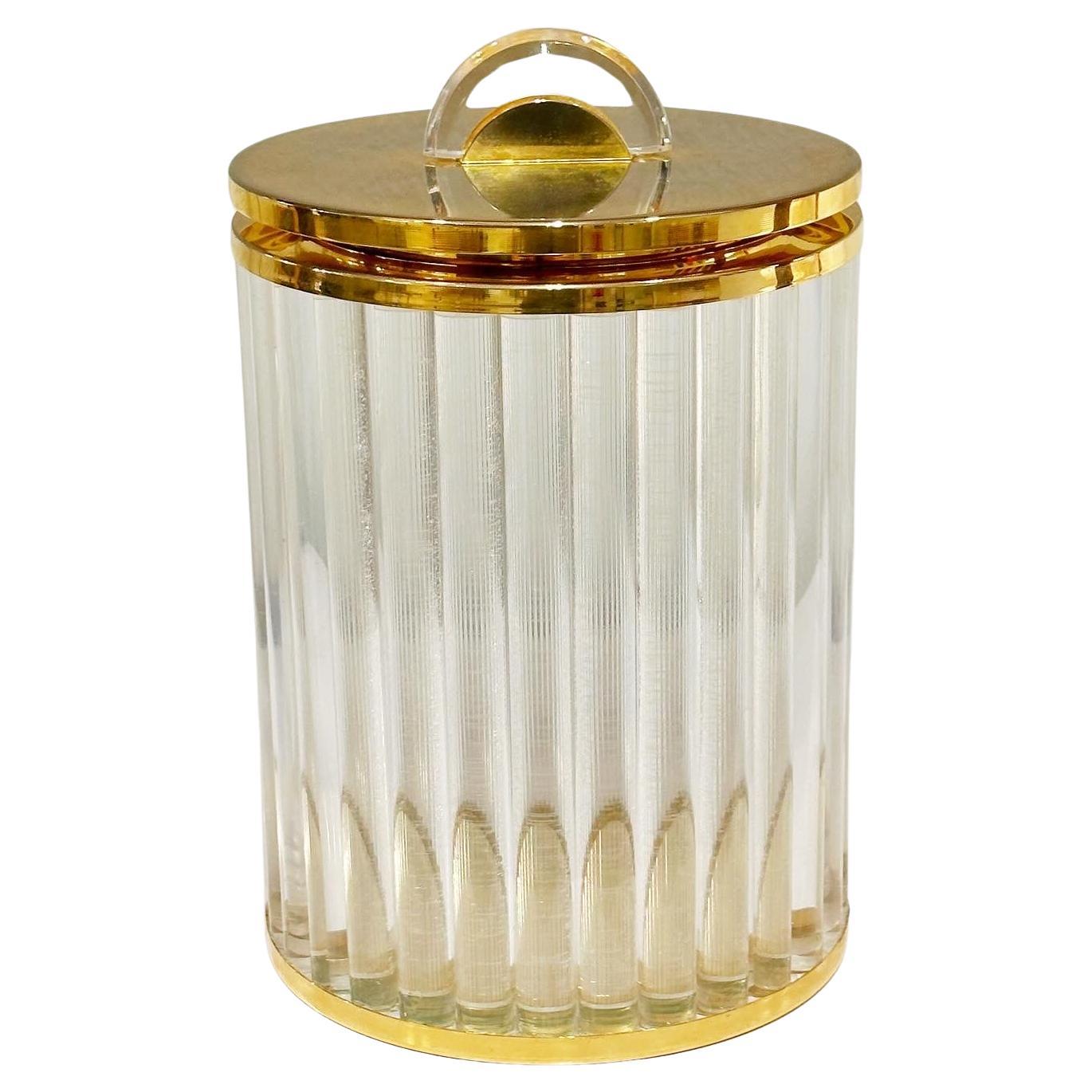 Secchiello per il ghiaccio in lucite scanalata di Lorin Marsh con coperchio e finiture placcate oro, anni '70 ca.