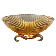 Lorin Marsh Large "Ridged Bowl" Amber Murano Glass Centerpiece Brass Tripod Base