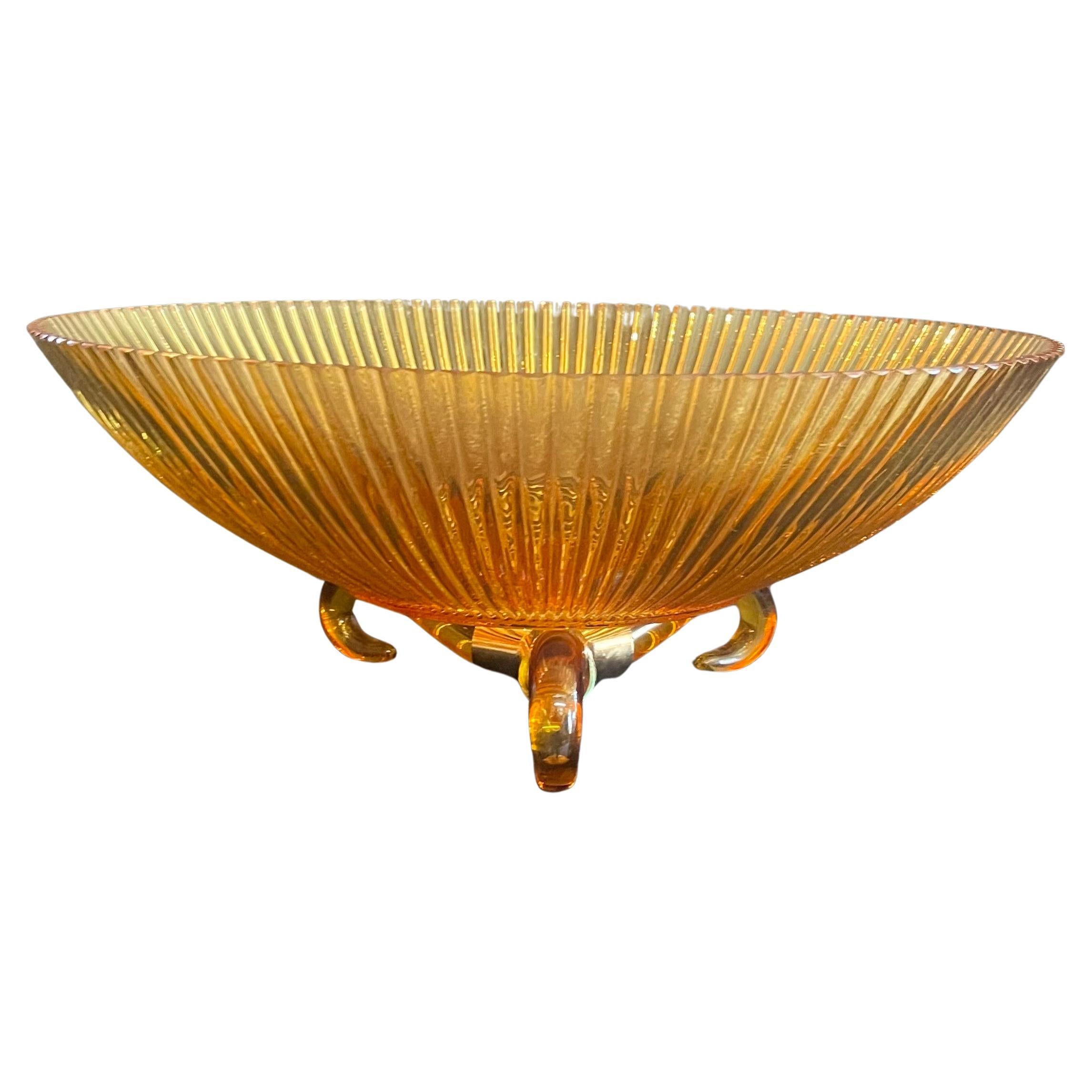 Lorin Marsh Large "Ridged Bowl" Amber Murano Glass Centerpiece Brass Tripod Base For Sale