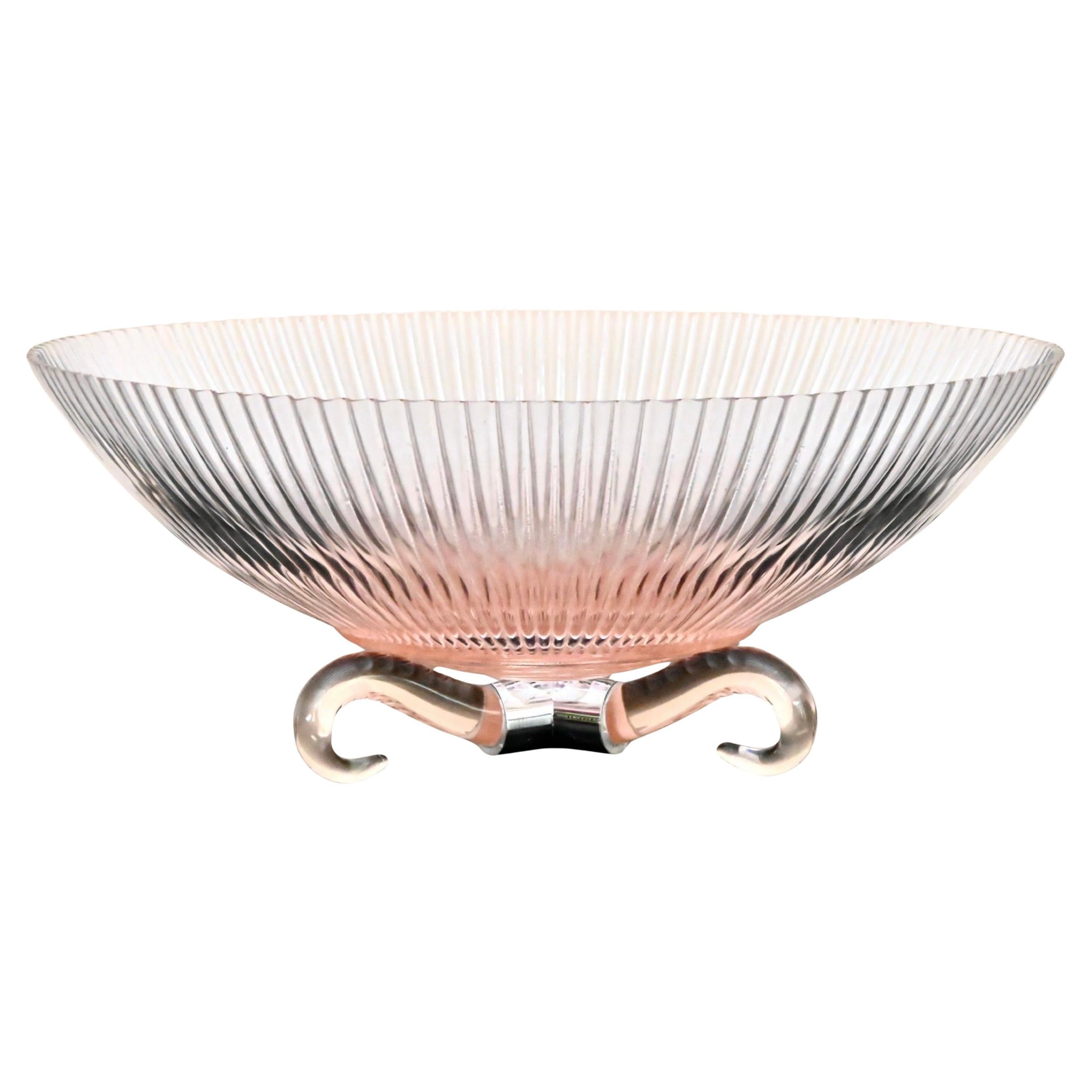 Lorin Marsh Large "Ridged Bowl" Clear Murano Glass Centerpiece Brass Tripod Base For Sale