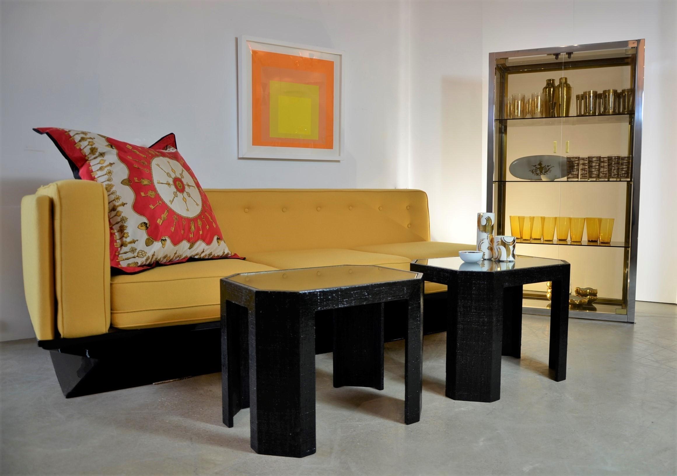 Lorin Marsh Newly Lacquered Grasscloth in Black with Glass Side/End Tables, Pair 14