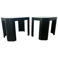 Lorin Marsh Newly Lacquered Grasscloth in Black with Glass Side/End Tables, Pair