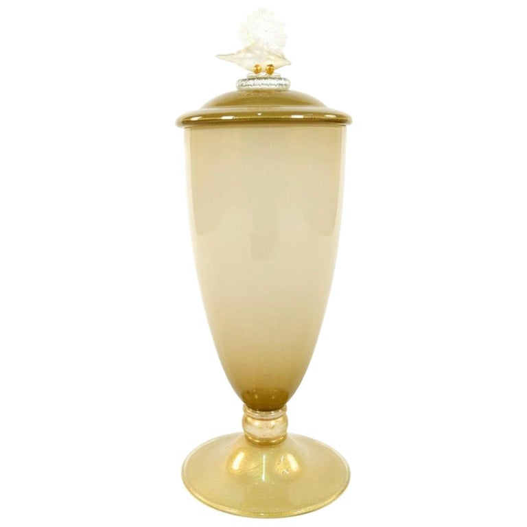 Lorin Marsh Seguso Italian Murano Art Glass Lidded Urn Shell Vessel Gold Fleck For Sale