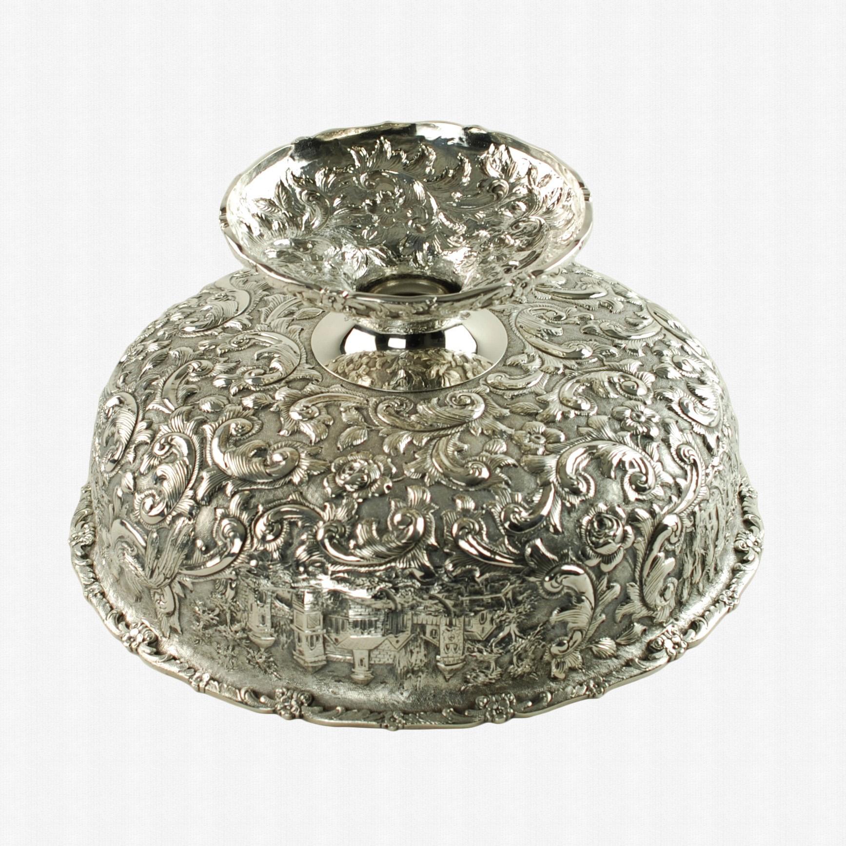 20th Century Loring Andrews Repoussé Sterling Silver Footed Centerpiece Bowl Castle Pattern For Sale
