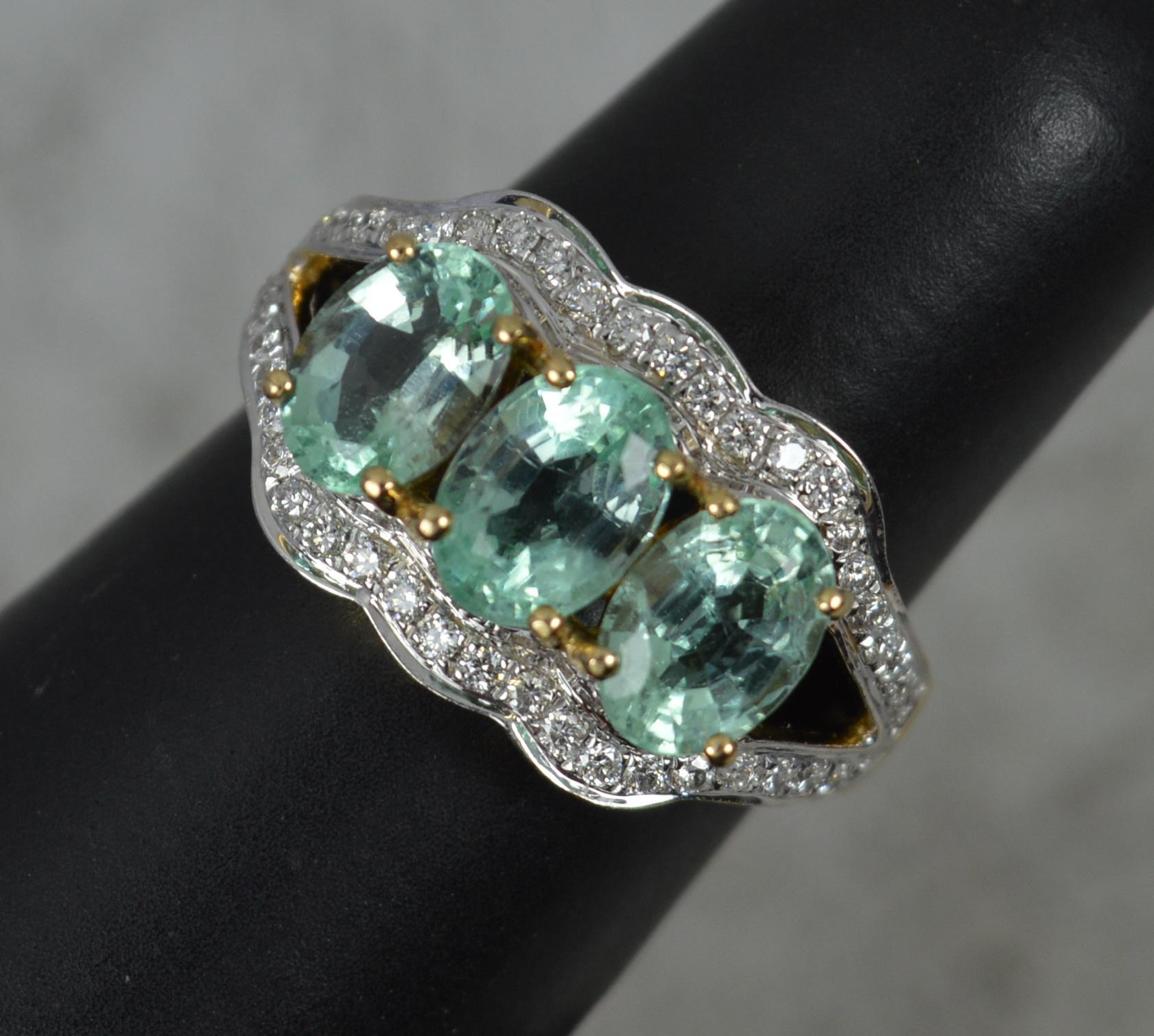 Lorique Natural Paraiba Tourmaline and Diamond 18ct Gold Trilogy Cluster Ring 7