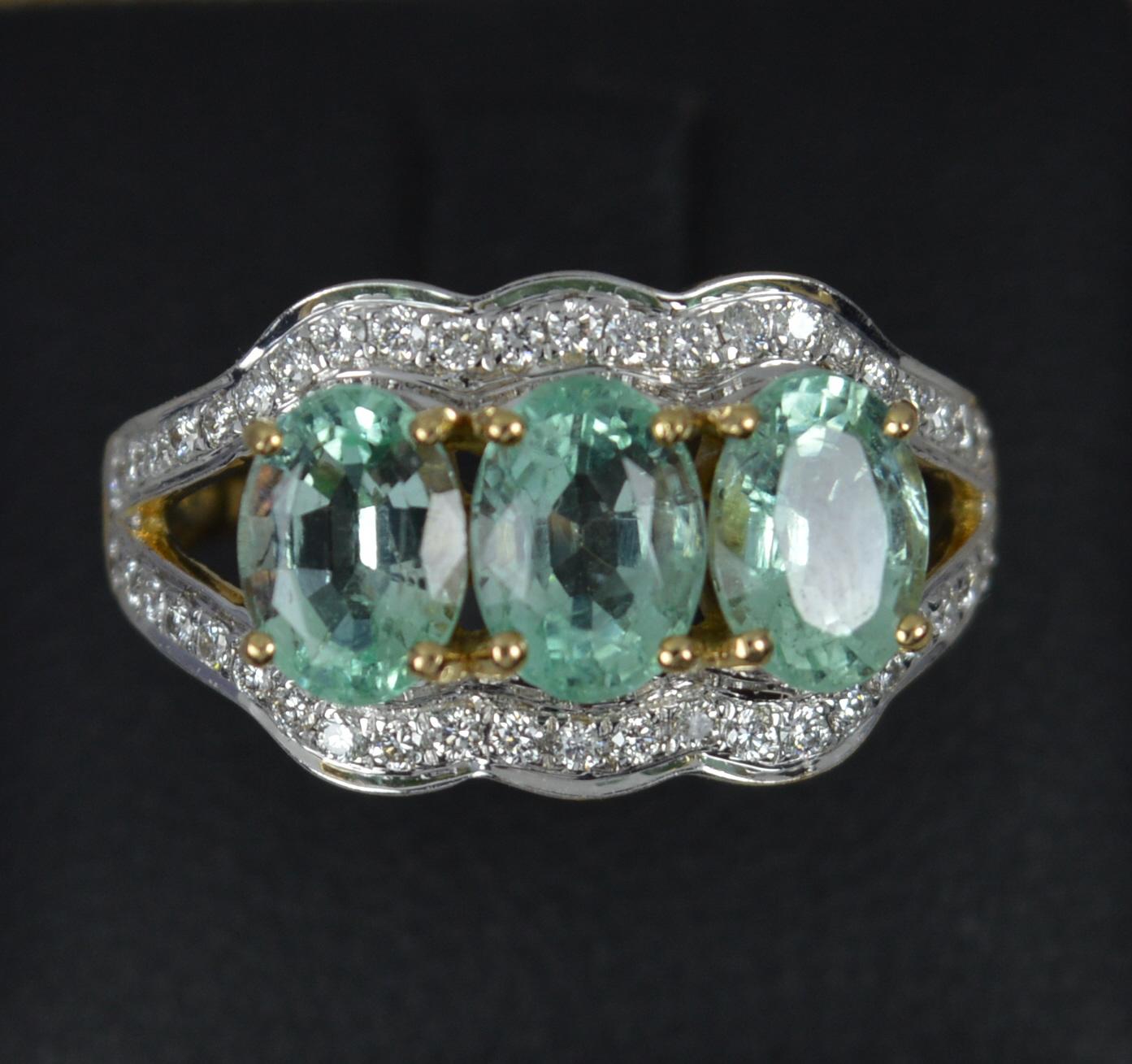 Lorique Natural Paraiba Tourmaline and Diamond 18ct Gold Trilogy Cluster Ring 3