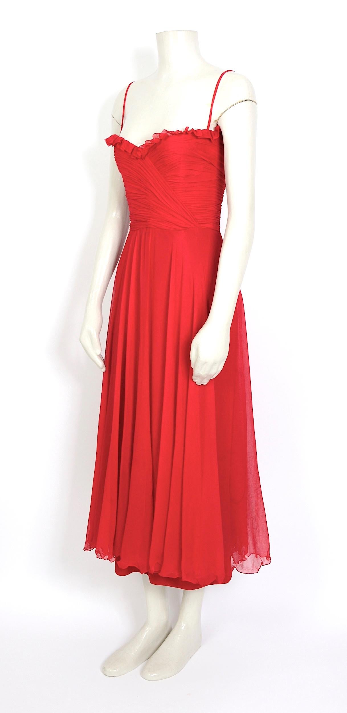 Red Loris Azzaro 1970s vintage collectors red silk chiffon draped bodice dress For Sale
