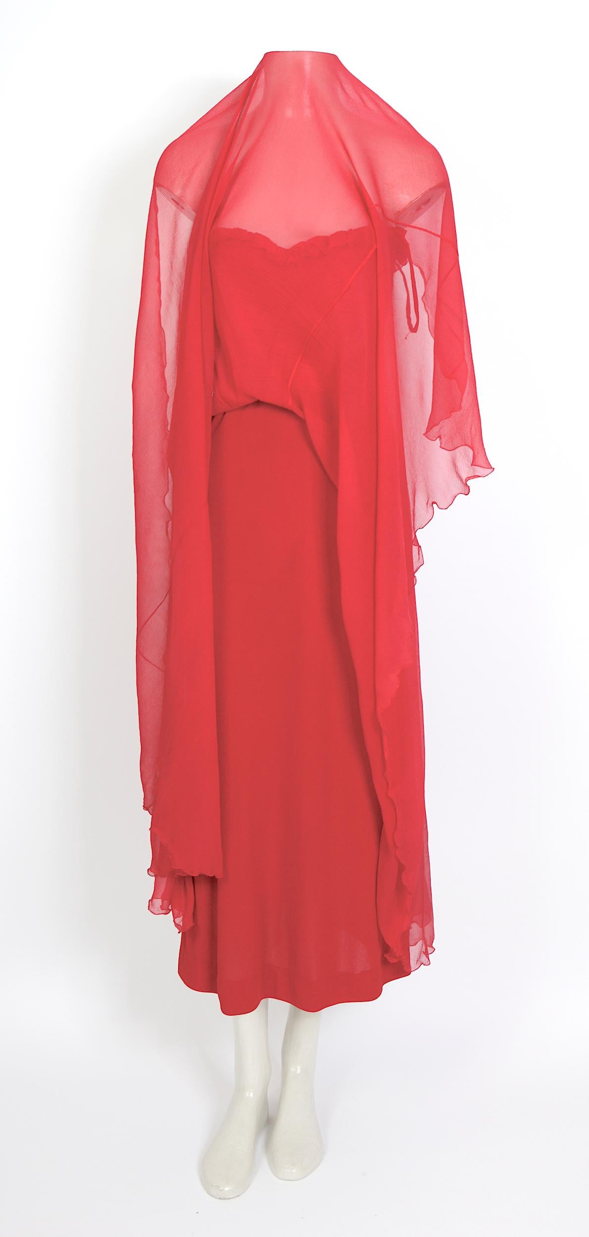 Loris Azzaro 1970s vintage collectors red silk chiffon draped bodice dress For Sale 1