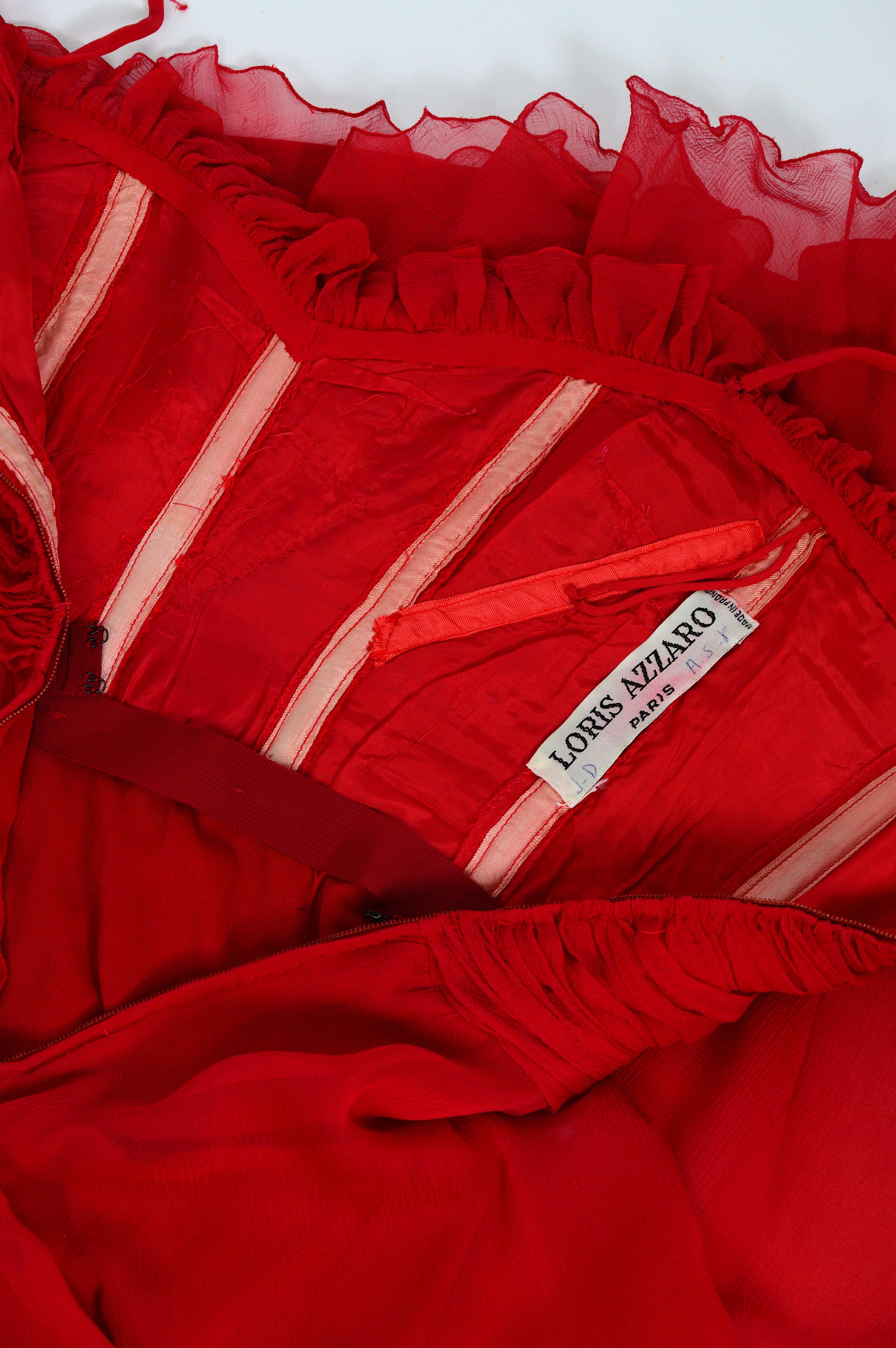 Loris Azzaro 1970s vintage collectors red silk chiffon draped bodice dress For Sale 2