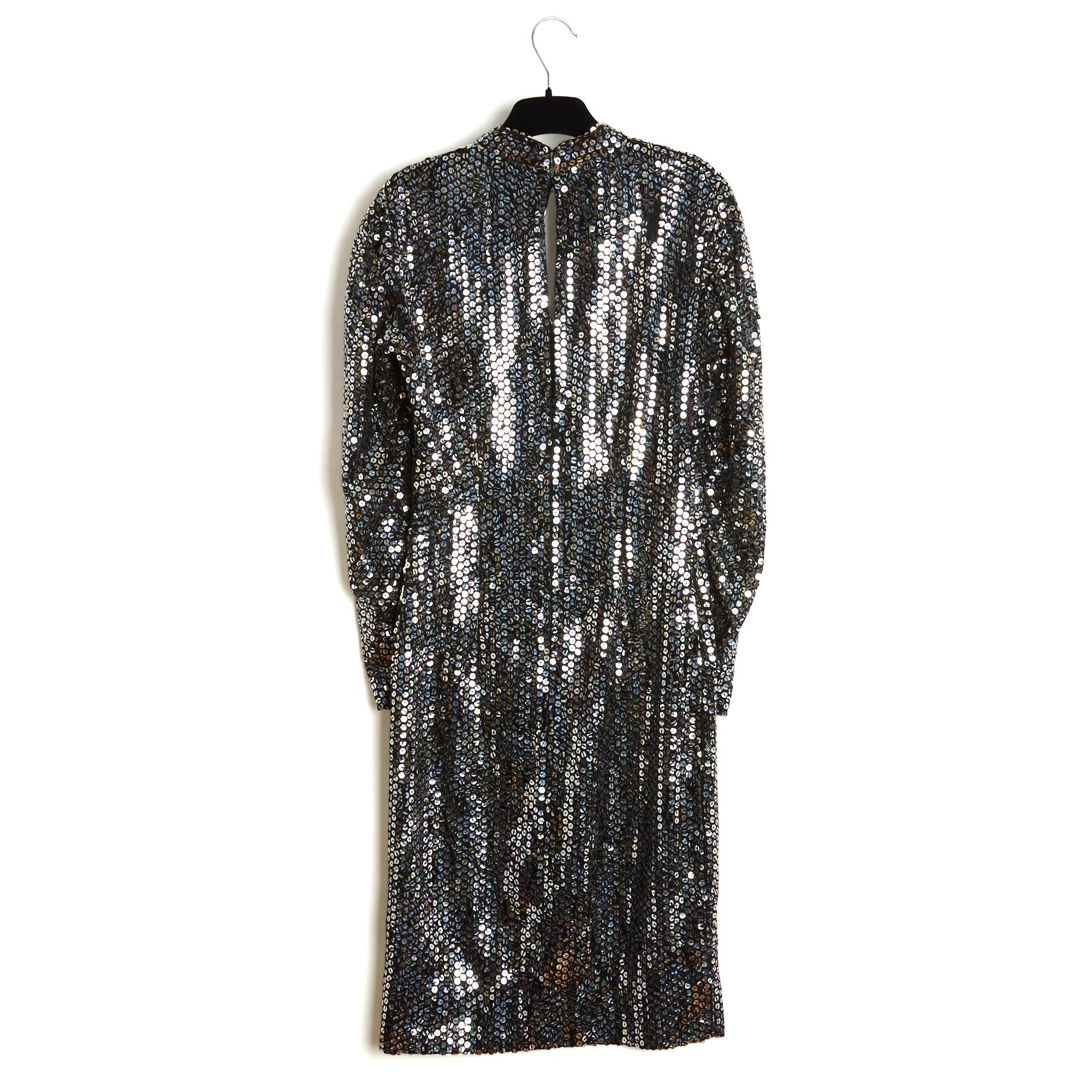 Loris Azzaro 1980 Robe Paillette FR36 Haute Couture Schwarzes Glitzerkleid UK8 US6 im Angebot 1