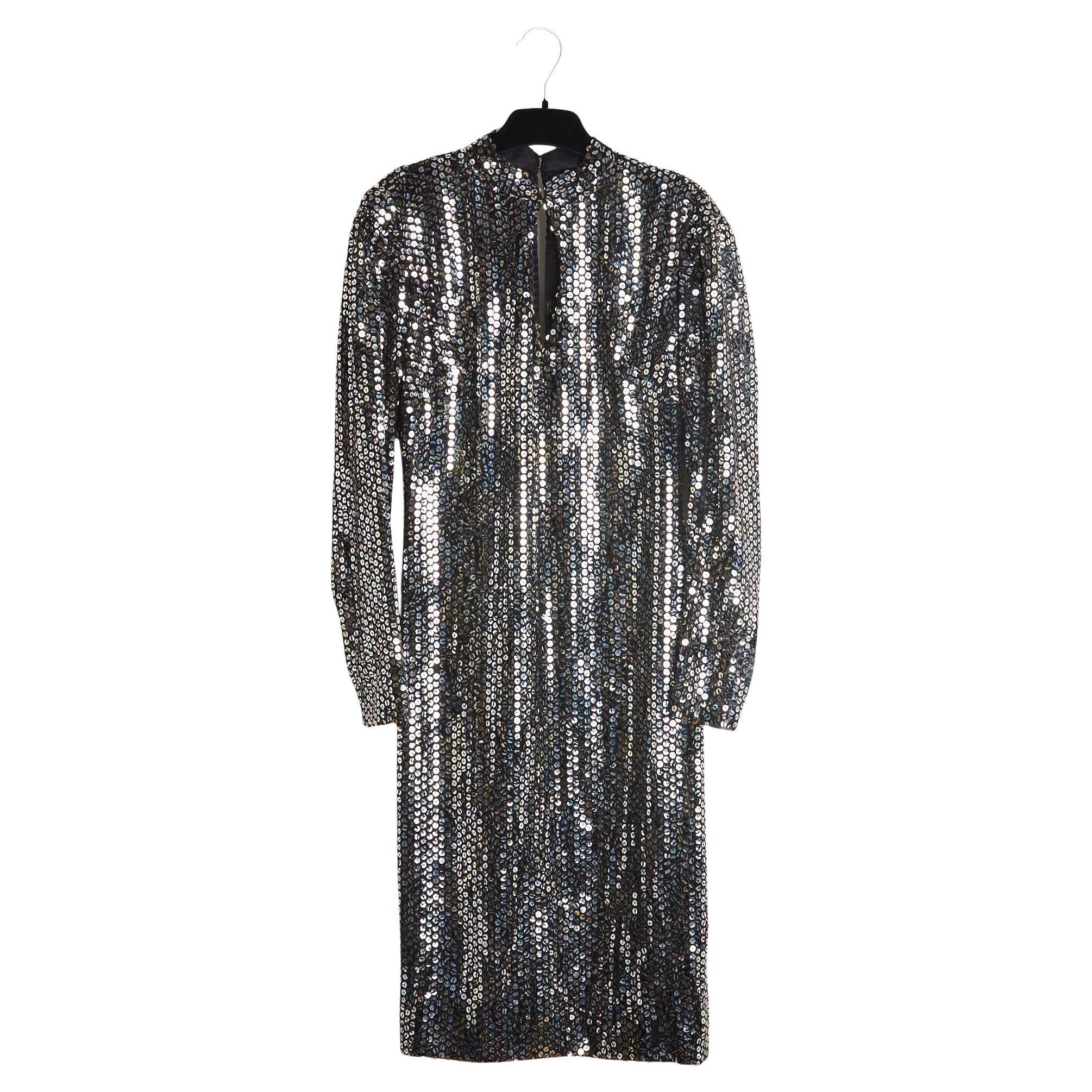 Loris Azzaro 1980 Robe Paillette FR36 Haute Couture Schwarzes Glitzerkleid UK8 US6 im Angebot