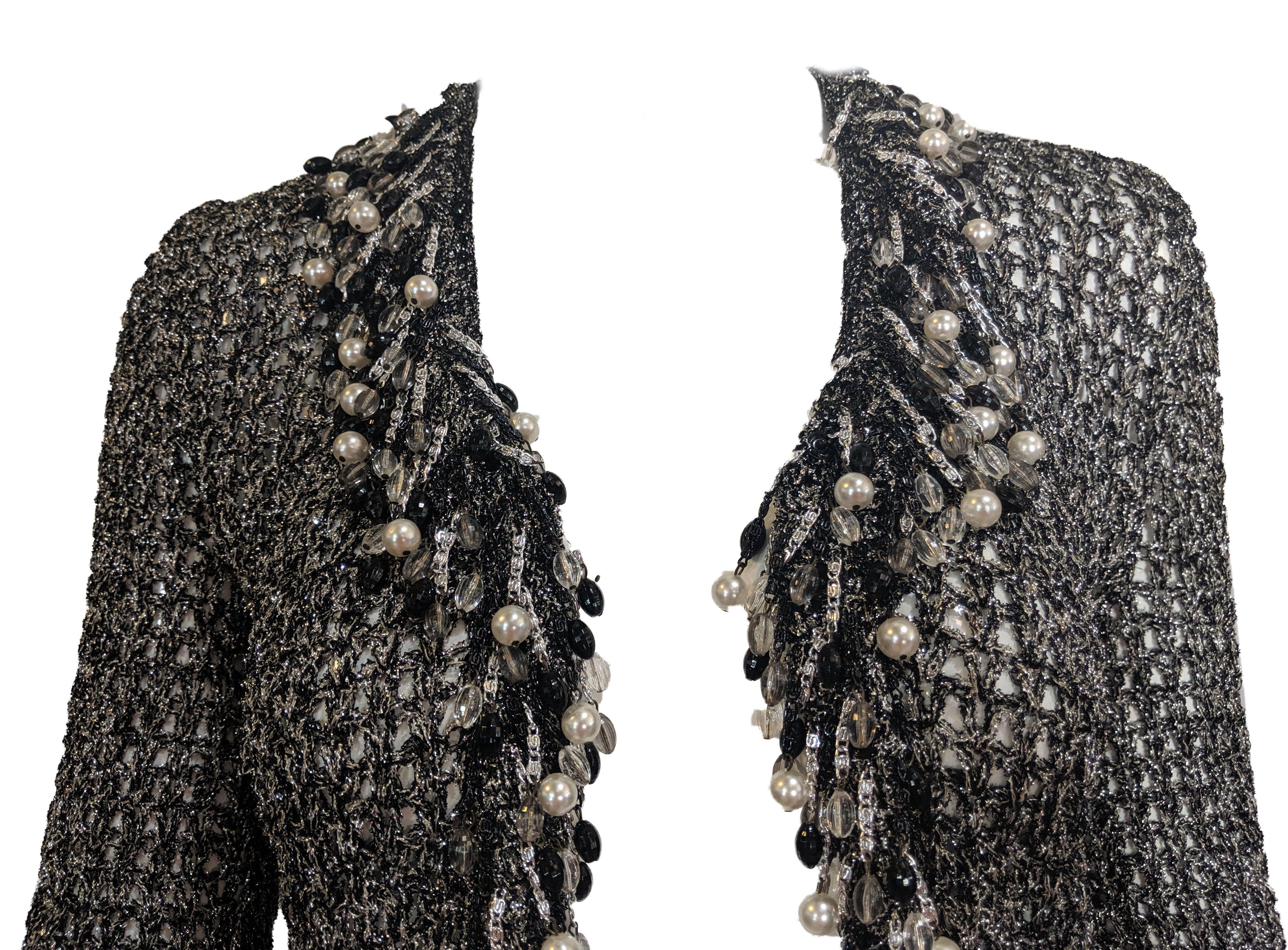 Black Loris Azzaro Attributed Metallic Cardigan with Beaded Fringe, 1970s For Sale