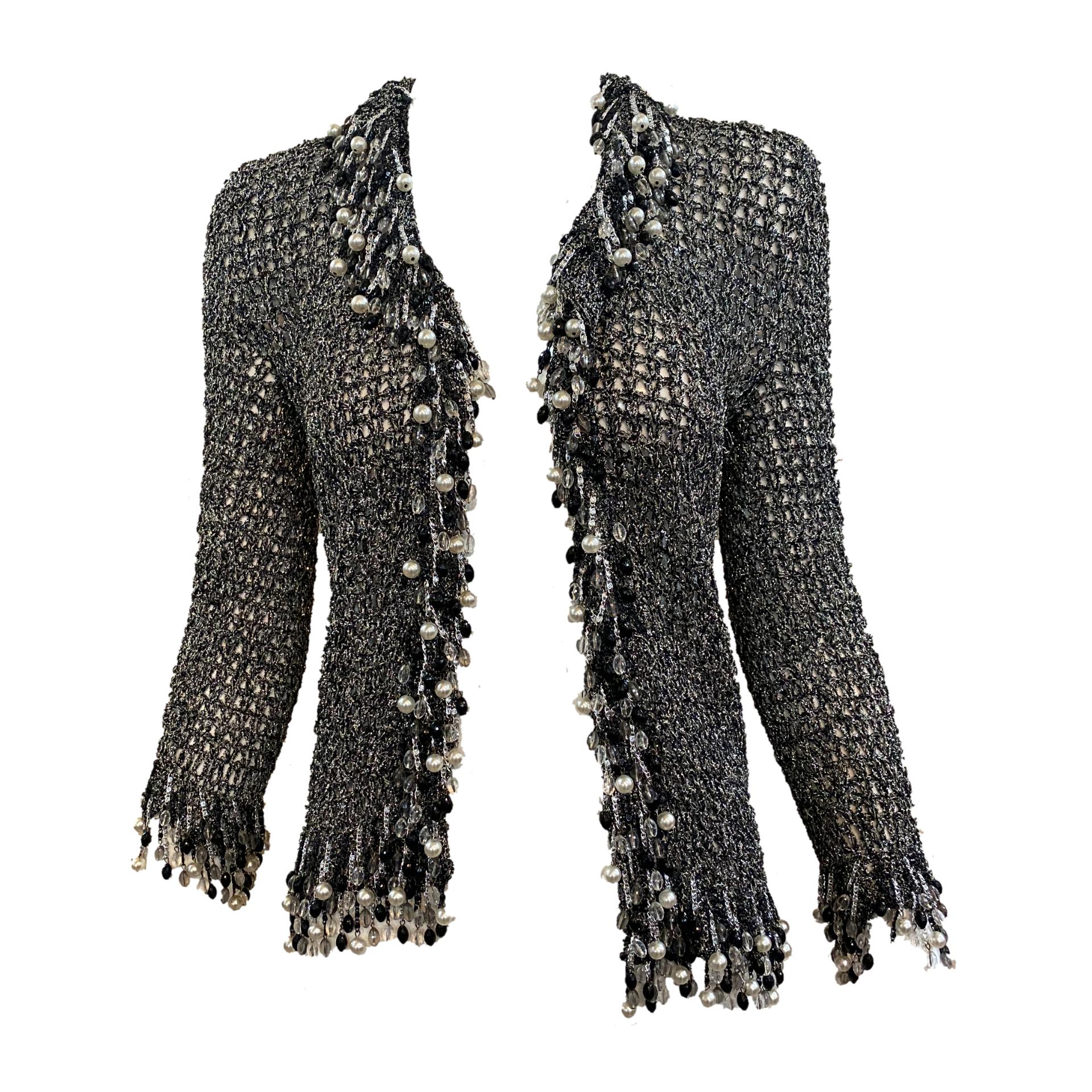 Loris Azzaro Attributed Metallic Cardigan with Beaded Fringe, 1970s For Sale