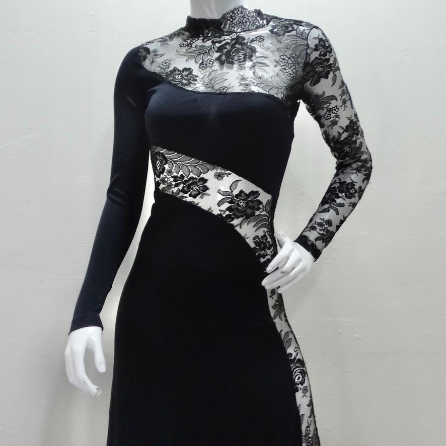 How stunning is this rare Loris Azzaro black gown circa 1980s?! Long sleeve floor length evening gown features show stopping panels of black lace which draw in the eye and flatters the figure in all the right areas. Complete with an elegant high cut