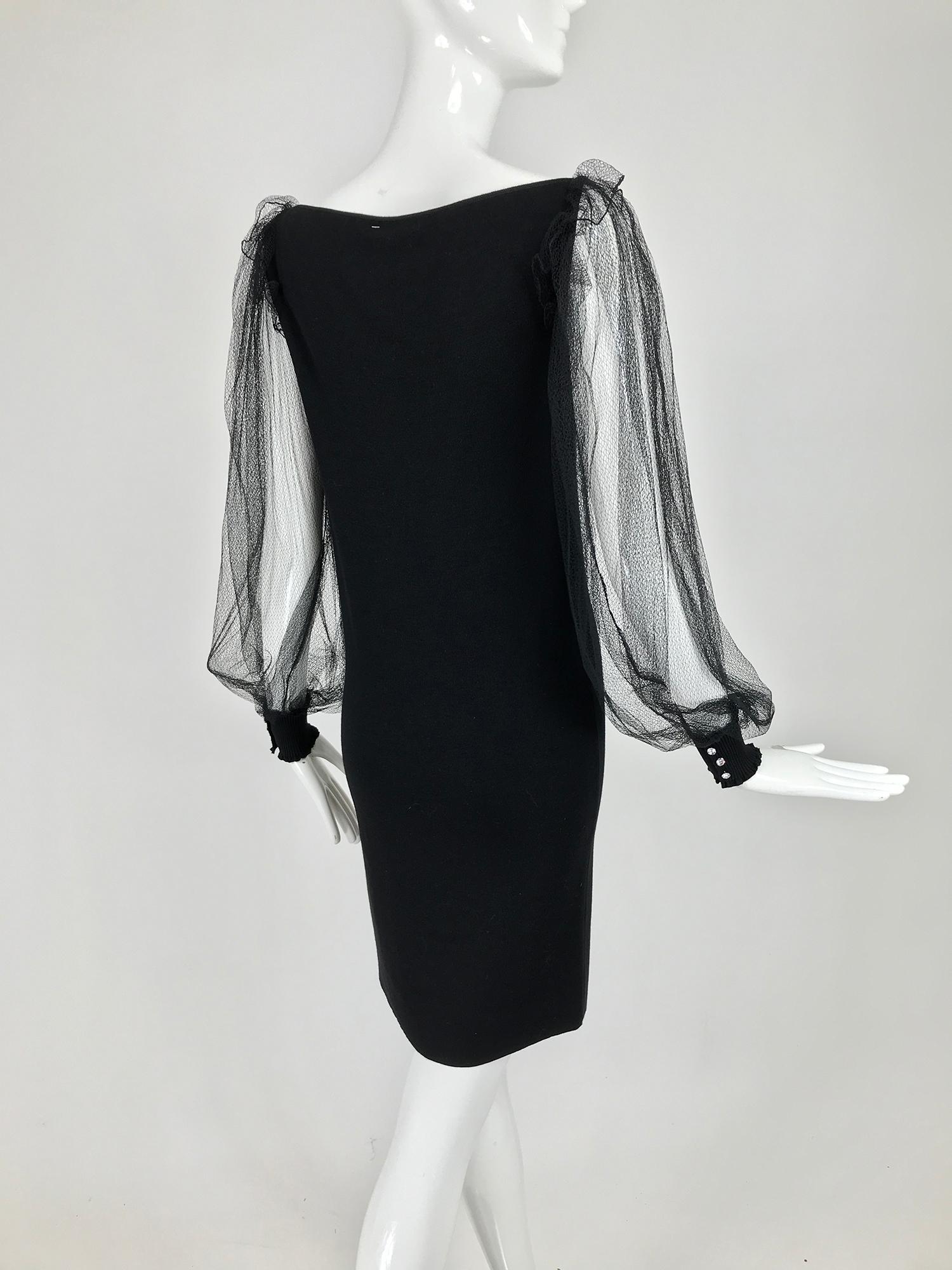 Loris Azzaro Black Wool/cashmere Sheath Dress with Net Sleeves In Excellent Condition In West Palm Beach, FL