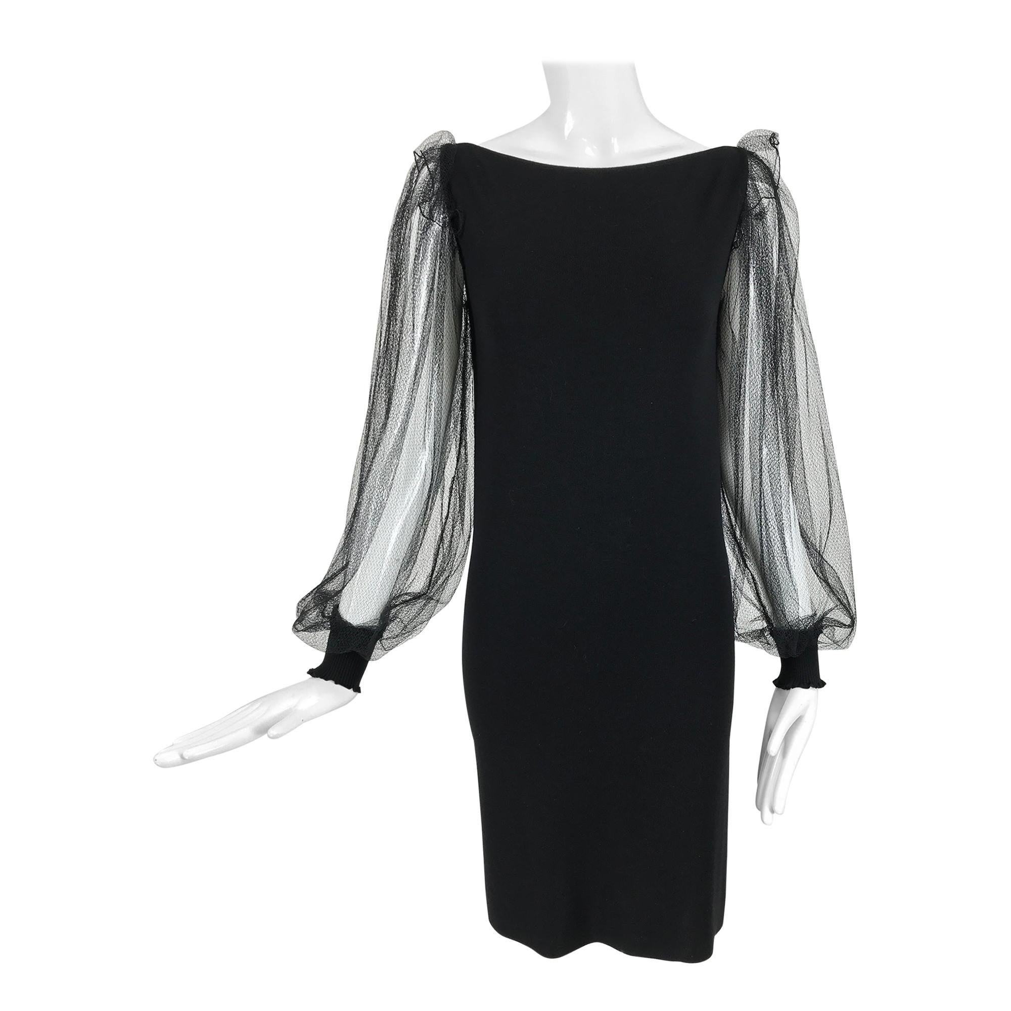 Loris Azzaro Black Wool/cashmere Sheath Dress with Net Sleeves