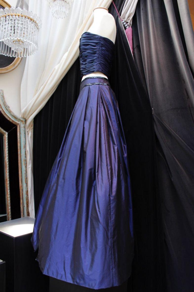 Azzaro Boutique (Made in France) Bustier and skirt set in midnight blue taffeta embroidered with sequins. The skirt is tagged 